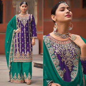 Purple Floral Sequins Embroidered Chinon Silk Palazzo Suit