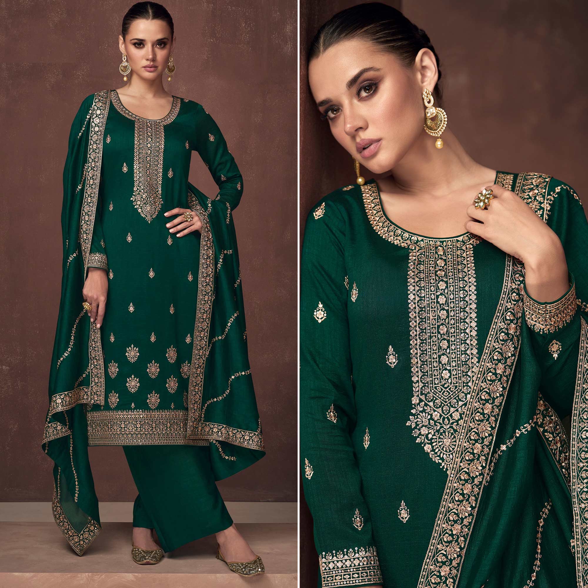 Green Floral Embroidered Art Silk Semi Stitched Suit