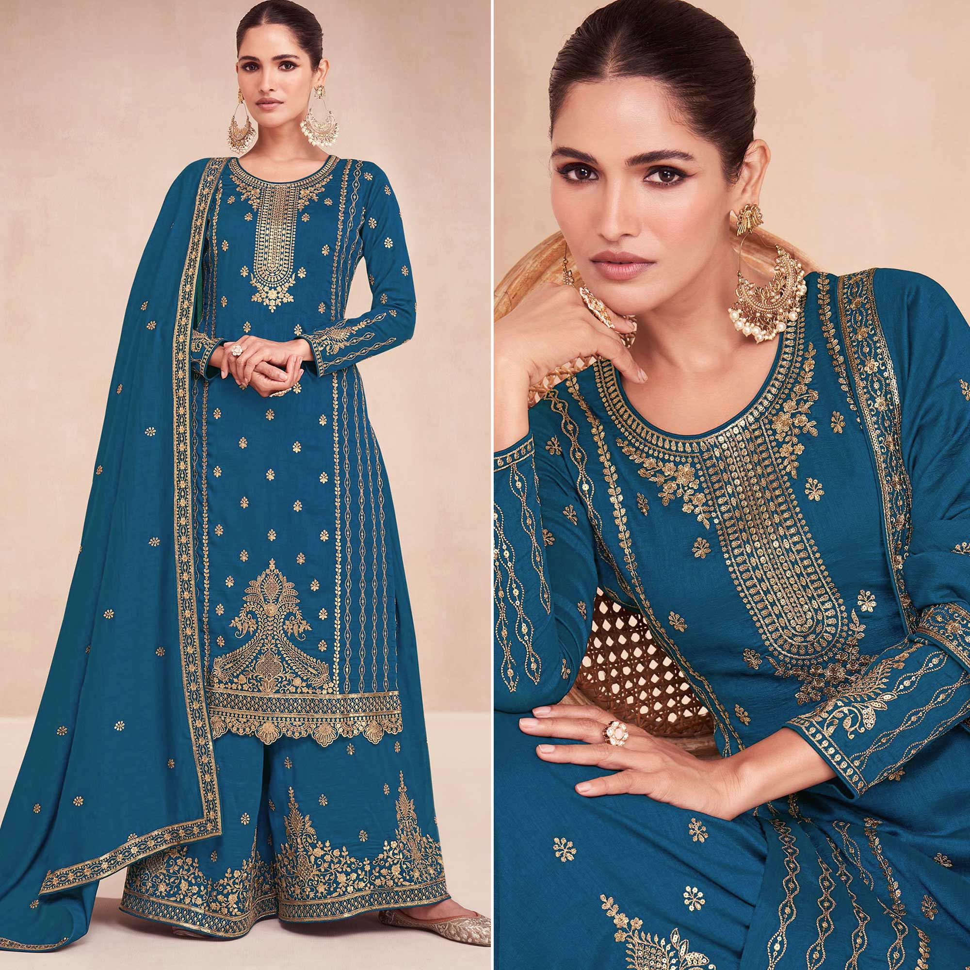 Teal Floral Embroidered Art Silk Semi Stitched Palazzo Suit