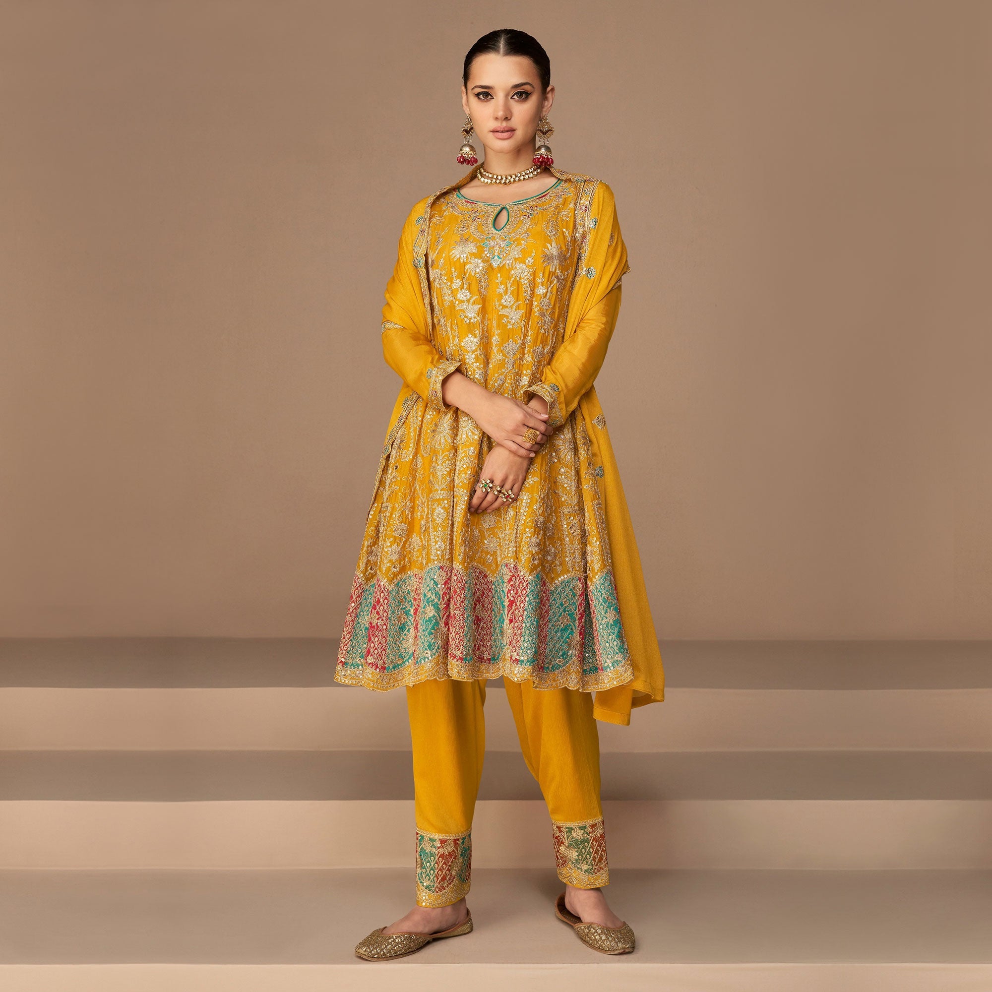 Yellow Floral Embroidered Georgette Semi Stitched Suit