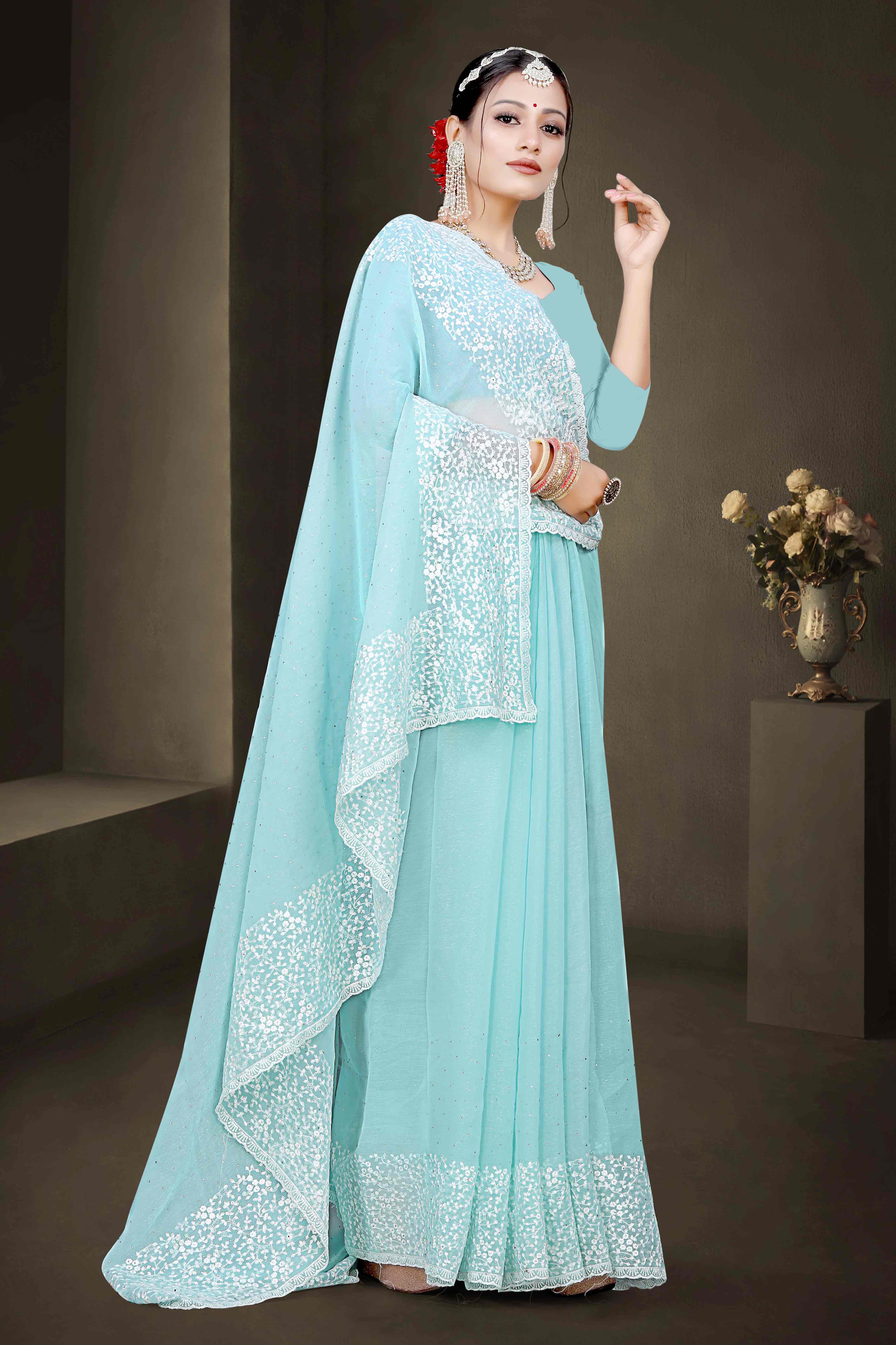 Blue Floral Embroidery With Stonework Chiffon Shimmer Saree