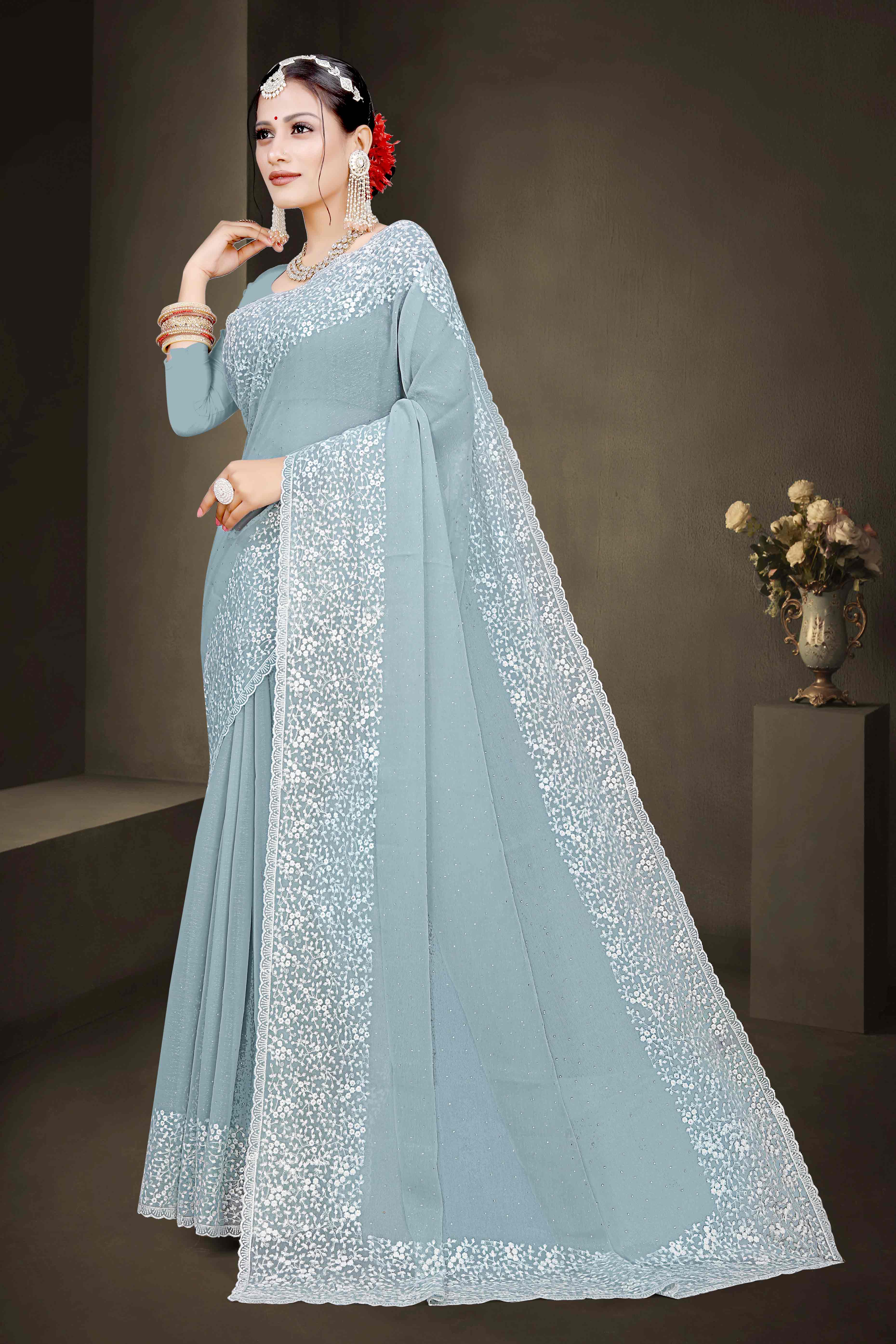 Grey Floral Embroidery With Stonework Chiffon Shimmer Saree