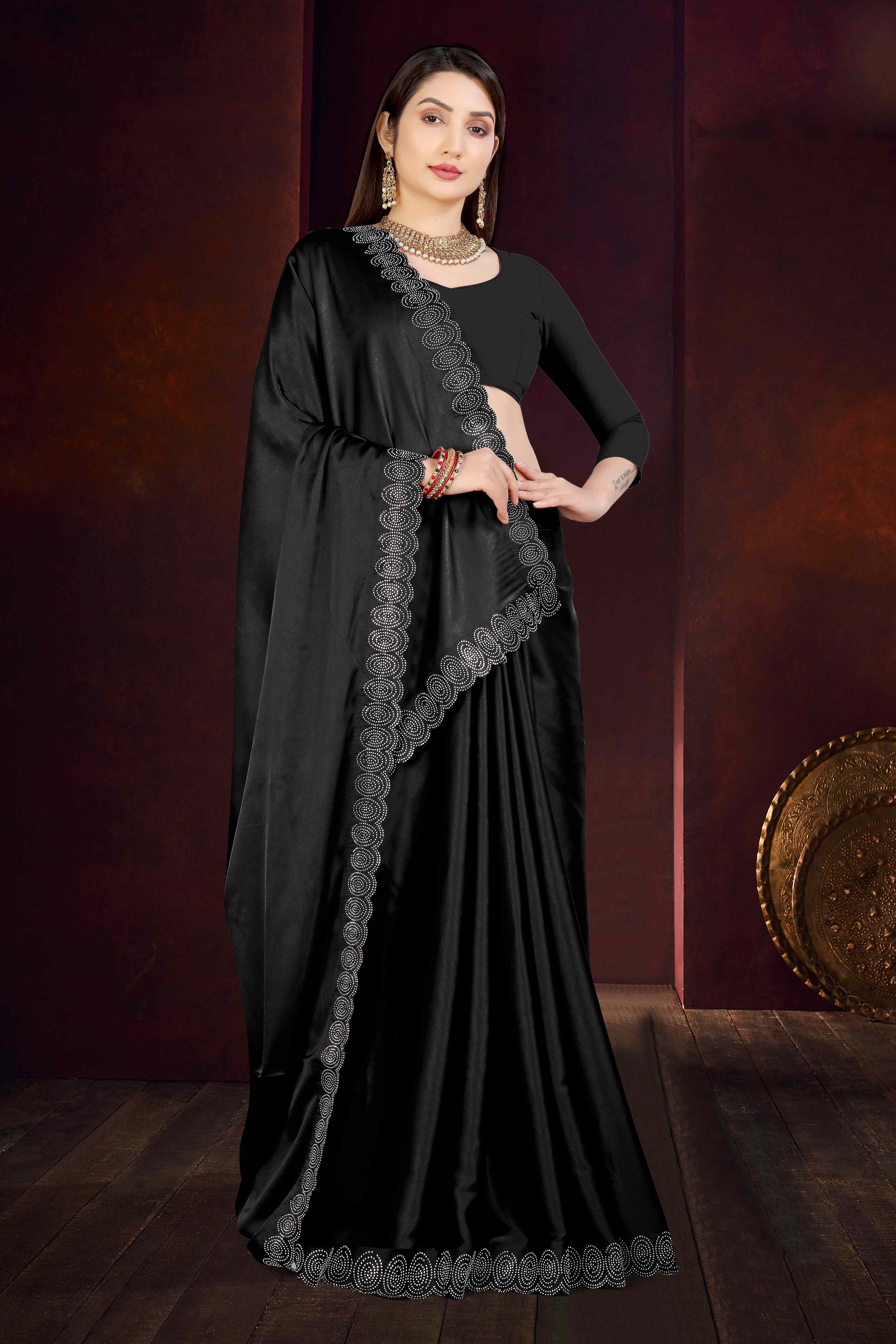 Black Solid With Swarovski Work Satin Saree