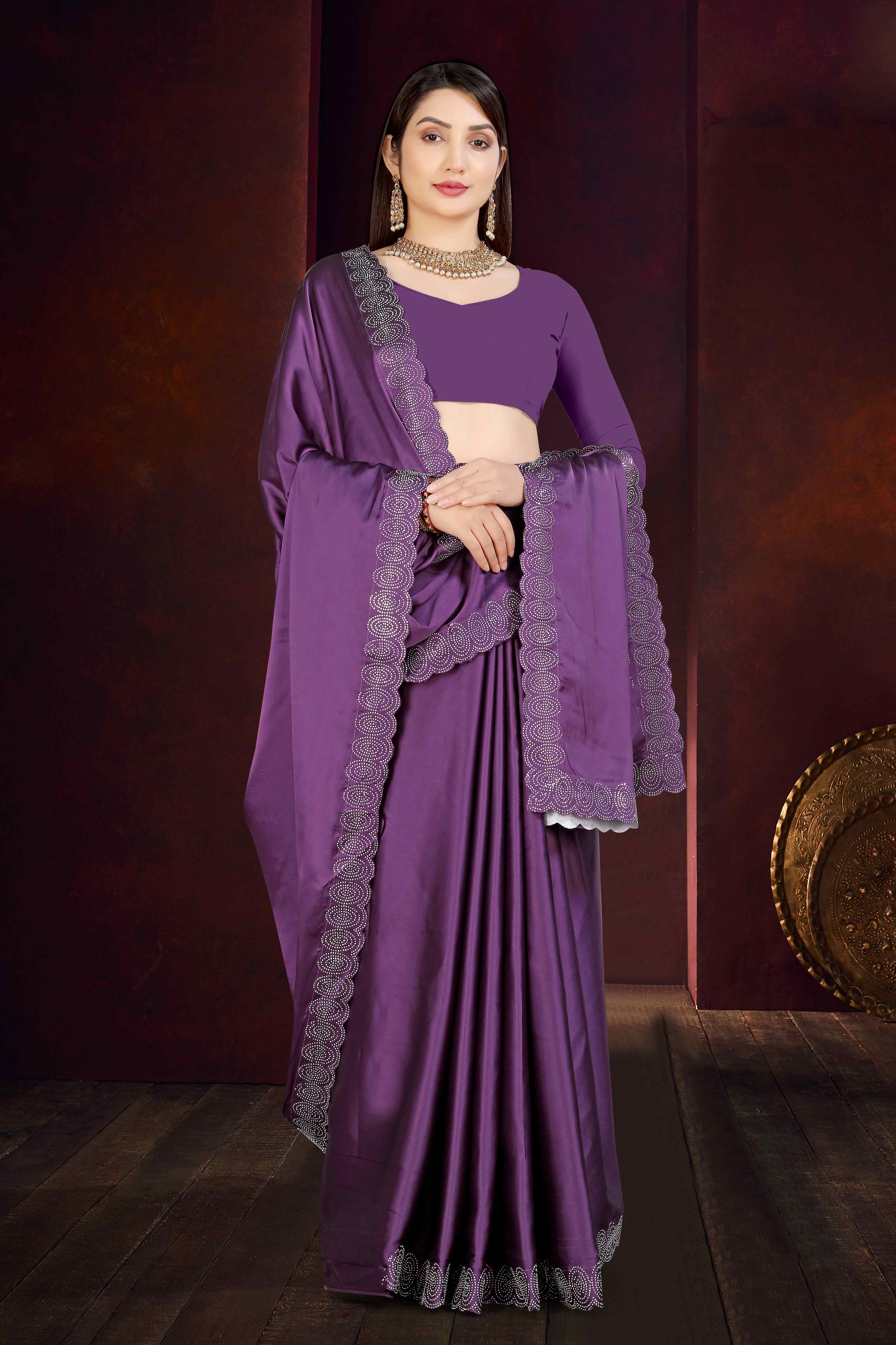 Purple Solid With Swarovski Work Satin Saree
