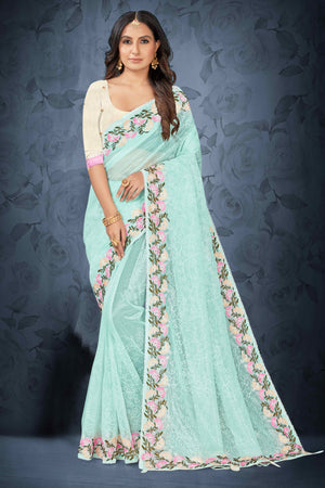 Blue Floral Embroidered Net Saree With Tassels