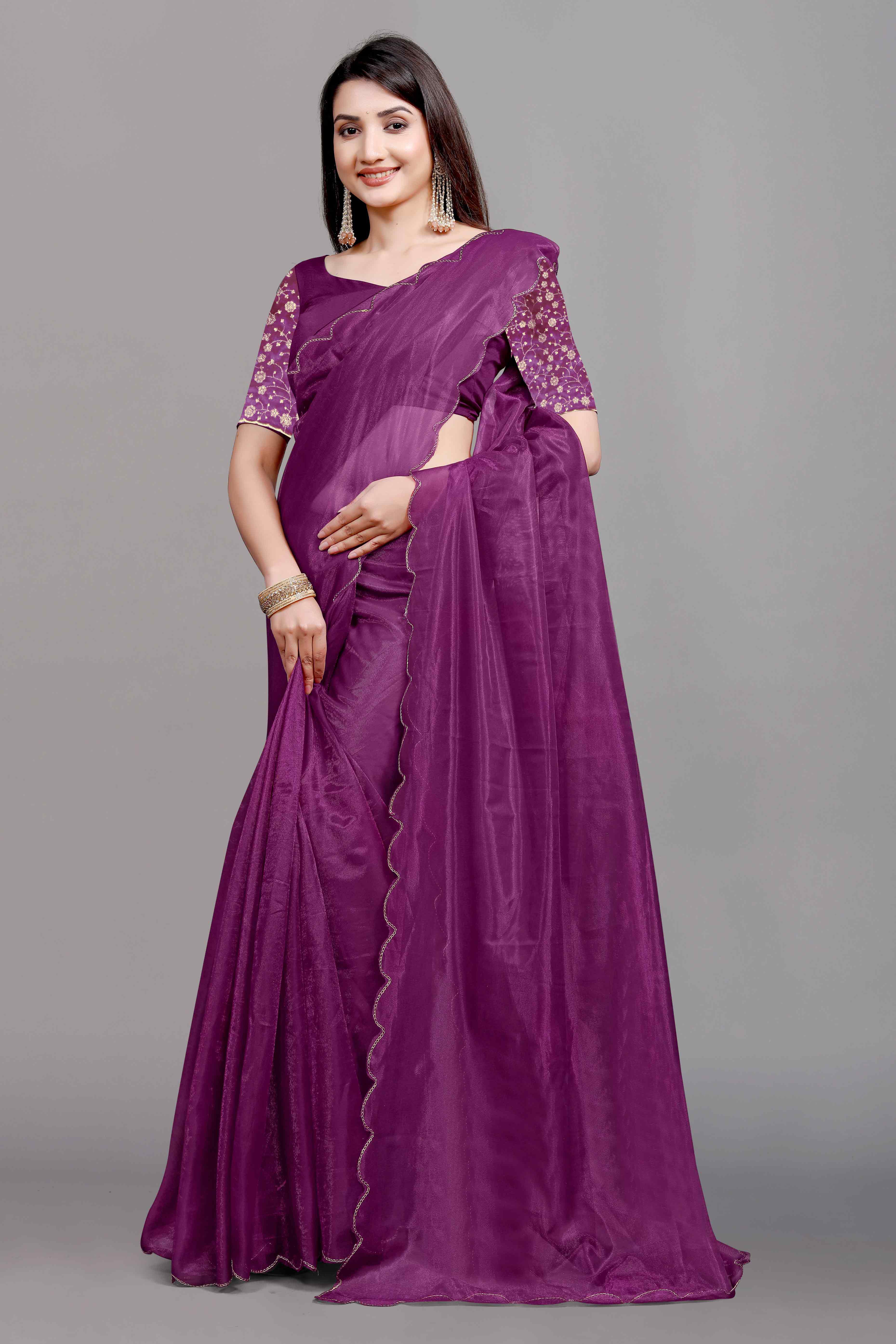 Wine Solid Net Saree With Zari Border