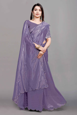Lavender Solid Net Saree With Zari Border