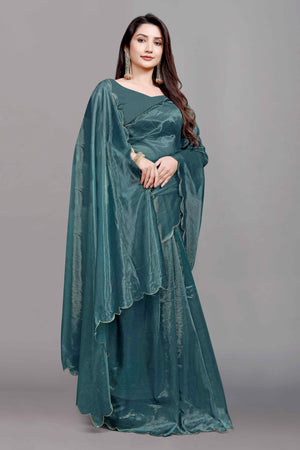 Teal Solid Net Saree With Zari Border