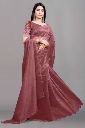 Rust Solid Net Saree With Zari Border