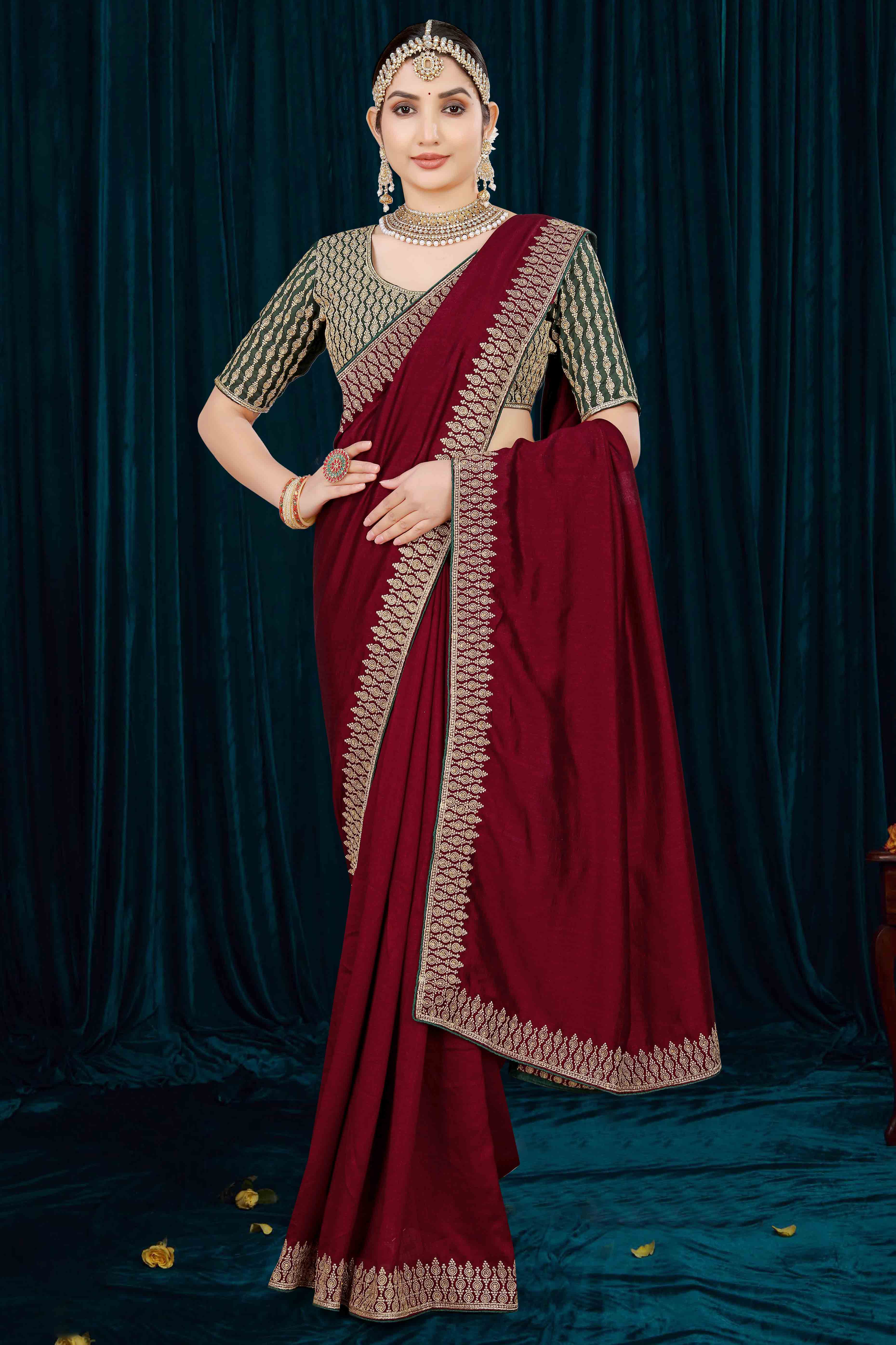 Maroon Solid With Zari Embroidered Vichitra Silk Saree