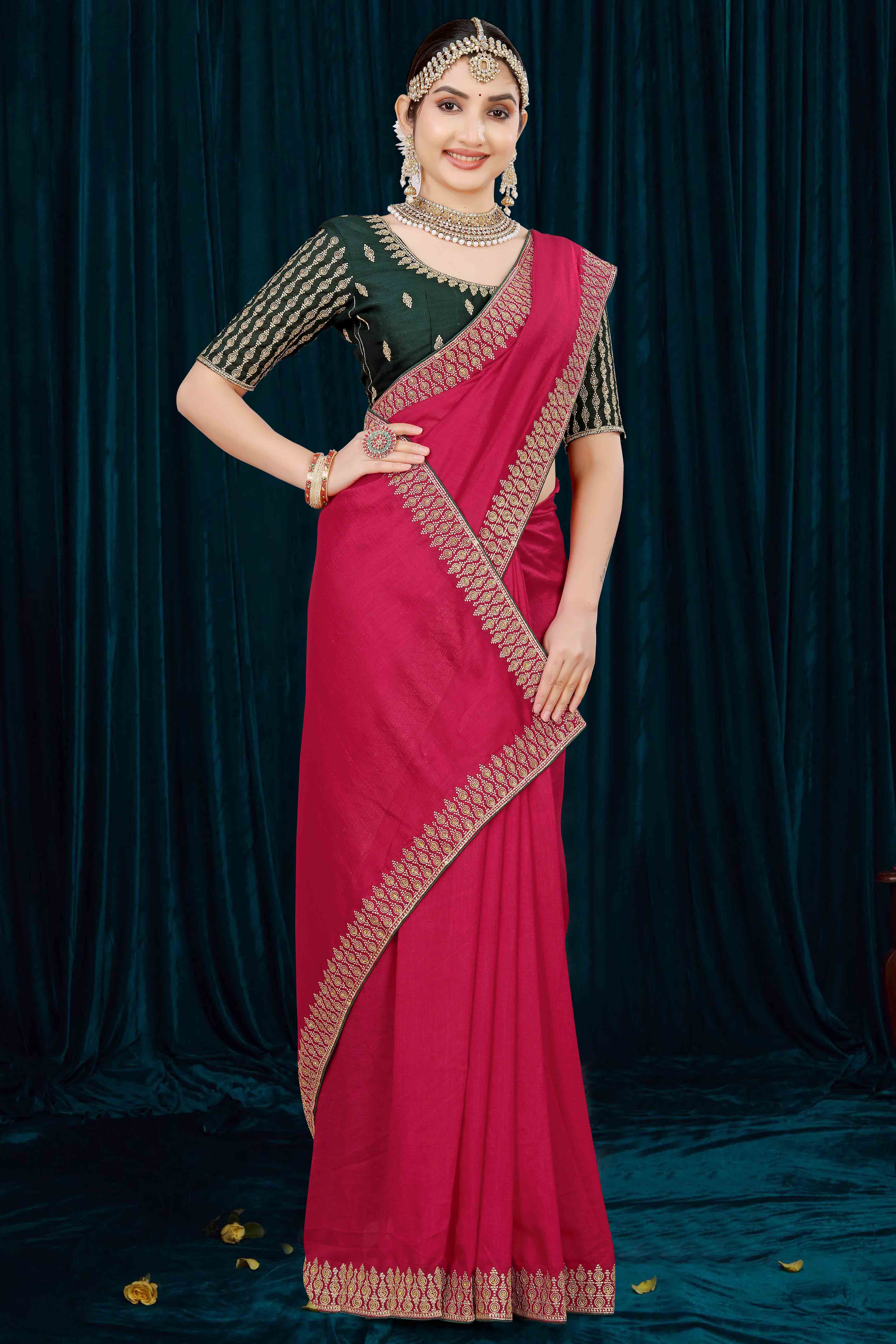 Pink Solid With Zari Embroidered Vichitra Silk Saree