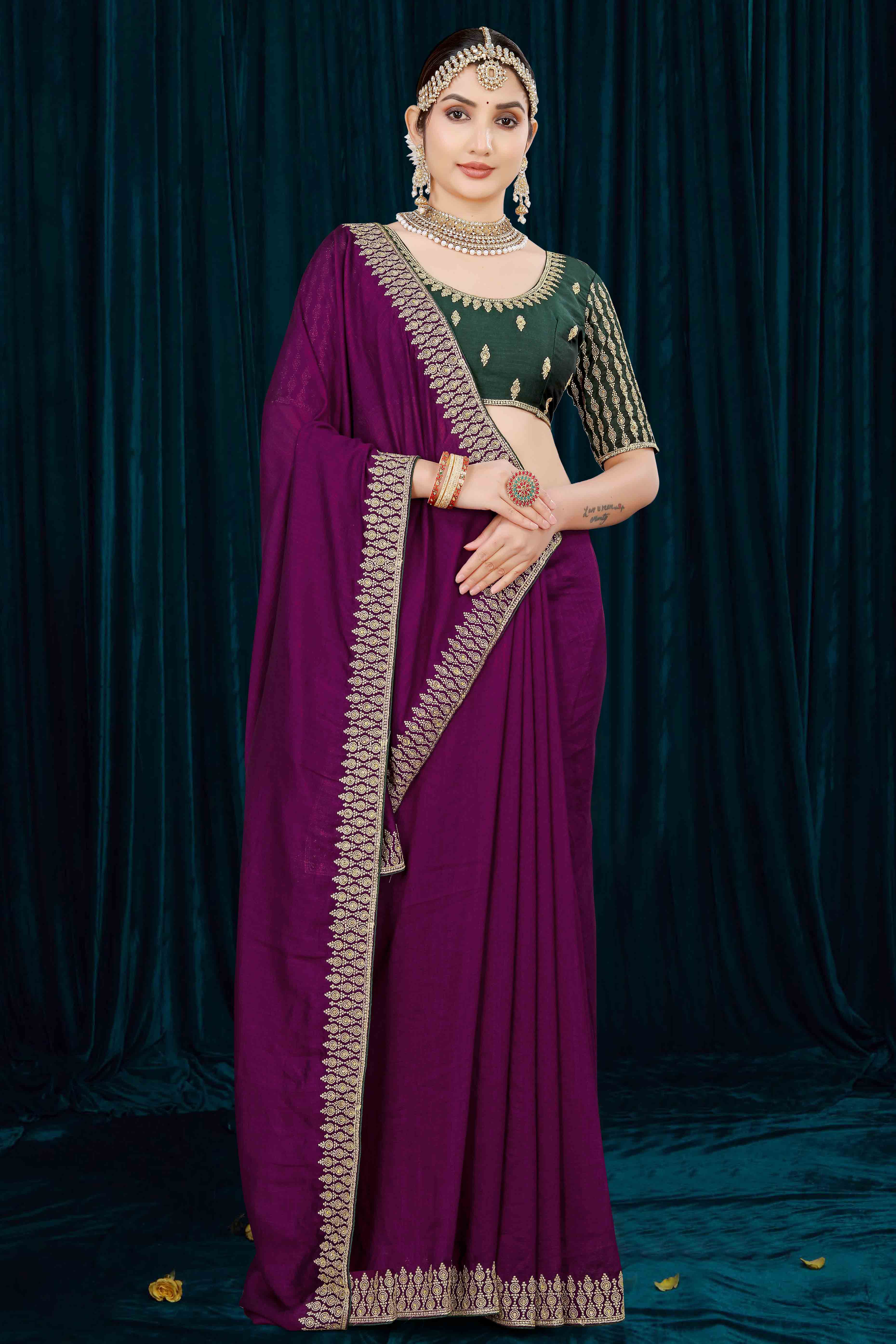 Wine Solid With Zari Embroidered Vichitra Silk Saree