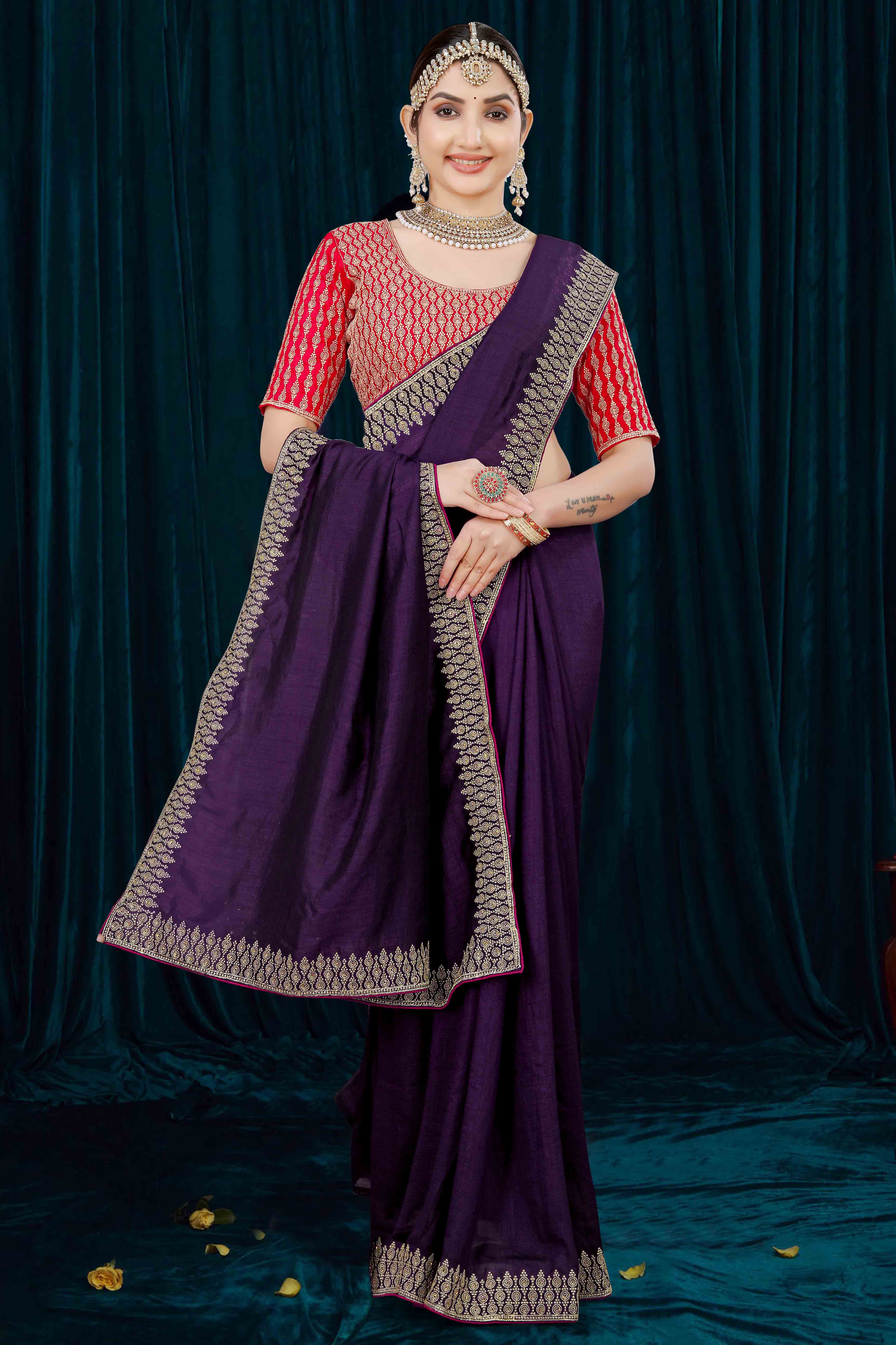 Purple Solid With Zari Embroidered Vichitra Silk Saree