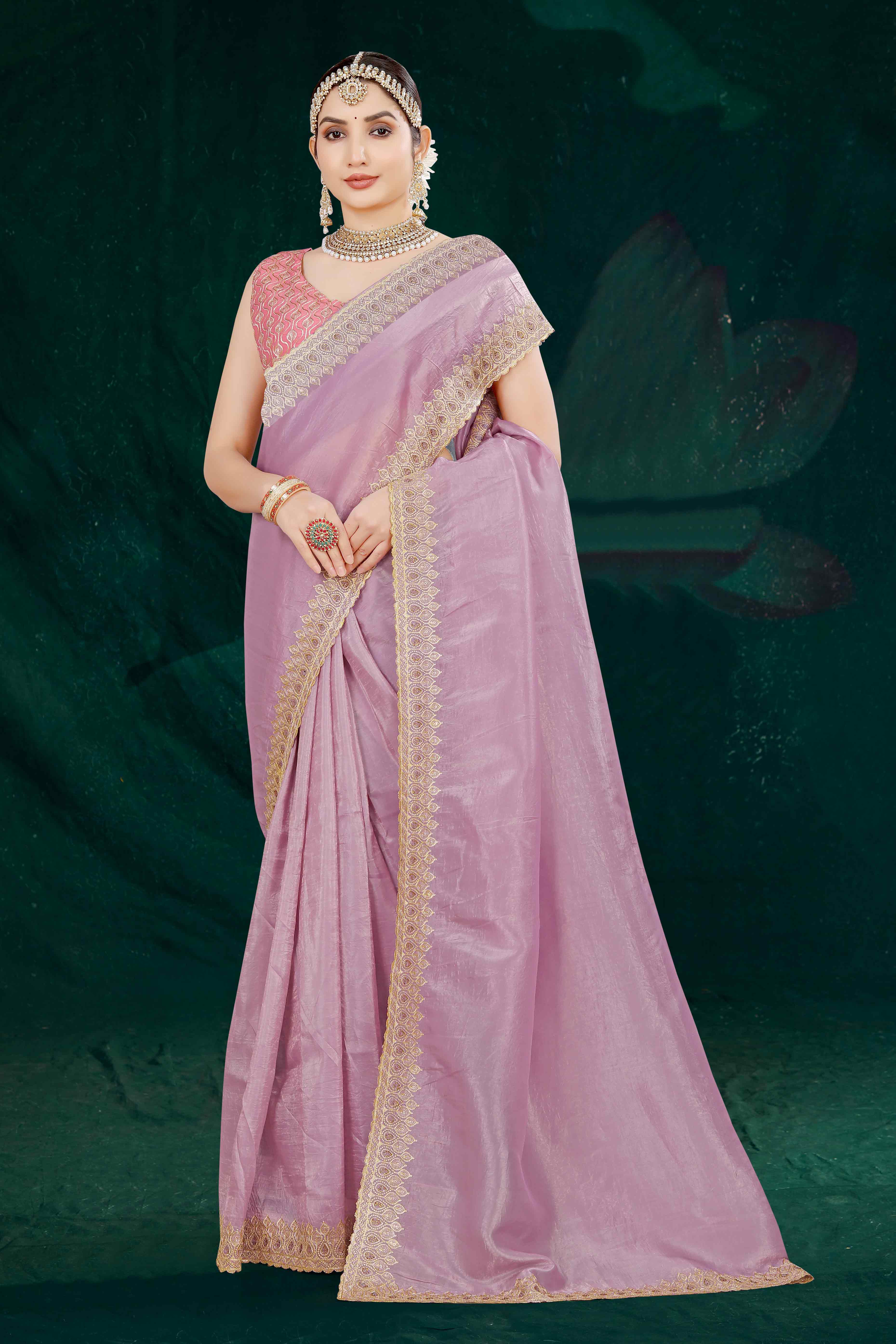 Onion Pink Solid With Swarovski Work Tissue Gold Crush Saree