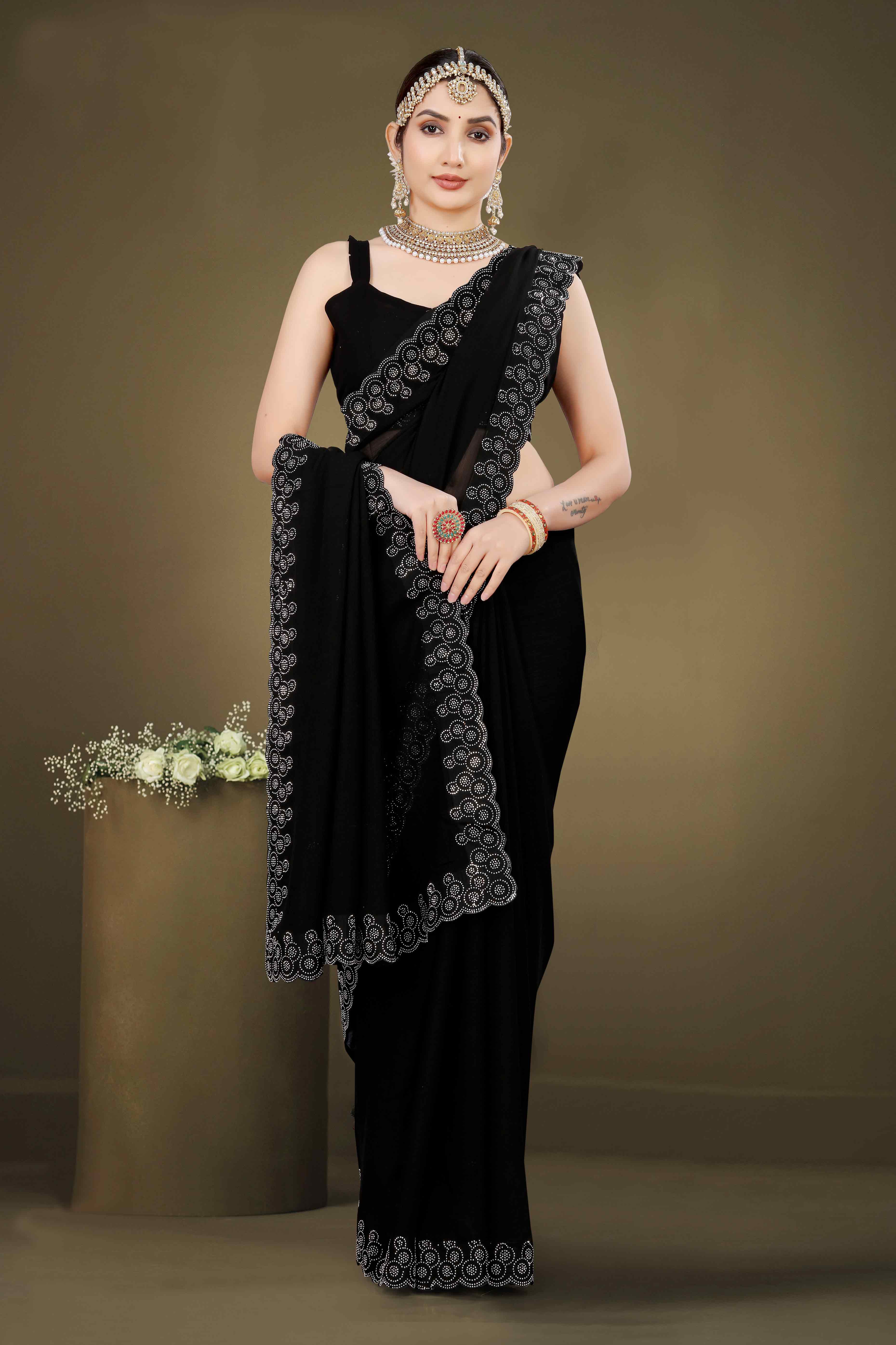 Black Solid With Swarovski Work Chiffon Saree