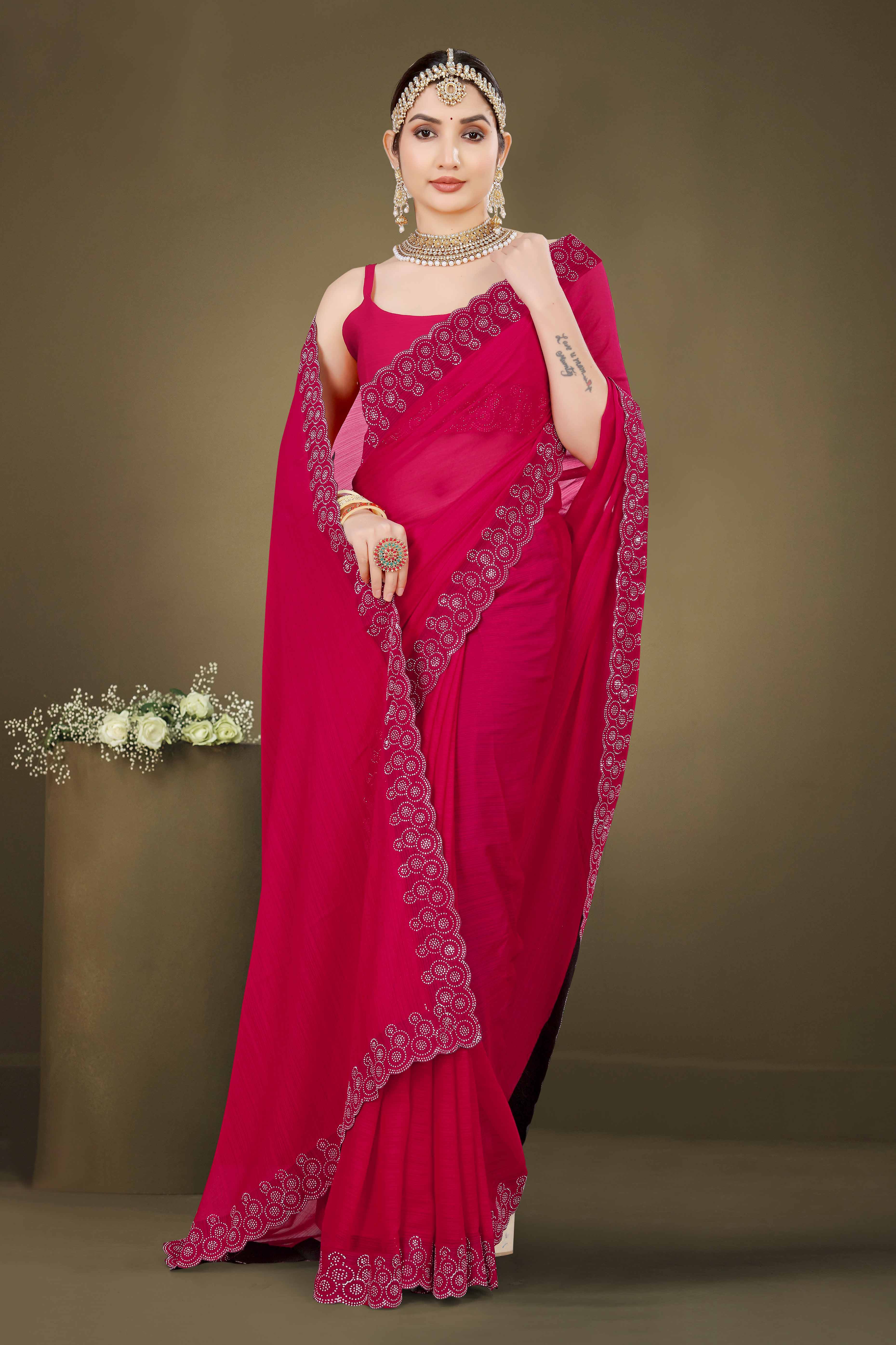 Rani Pink Solid With Swarovski Work Chiffon Saree