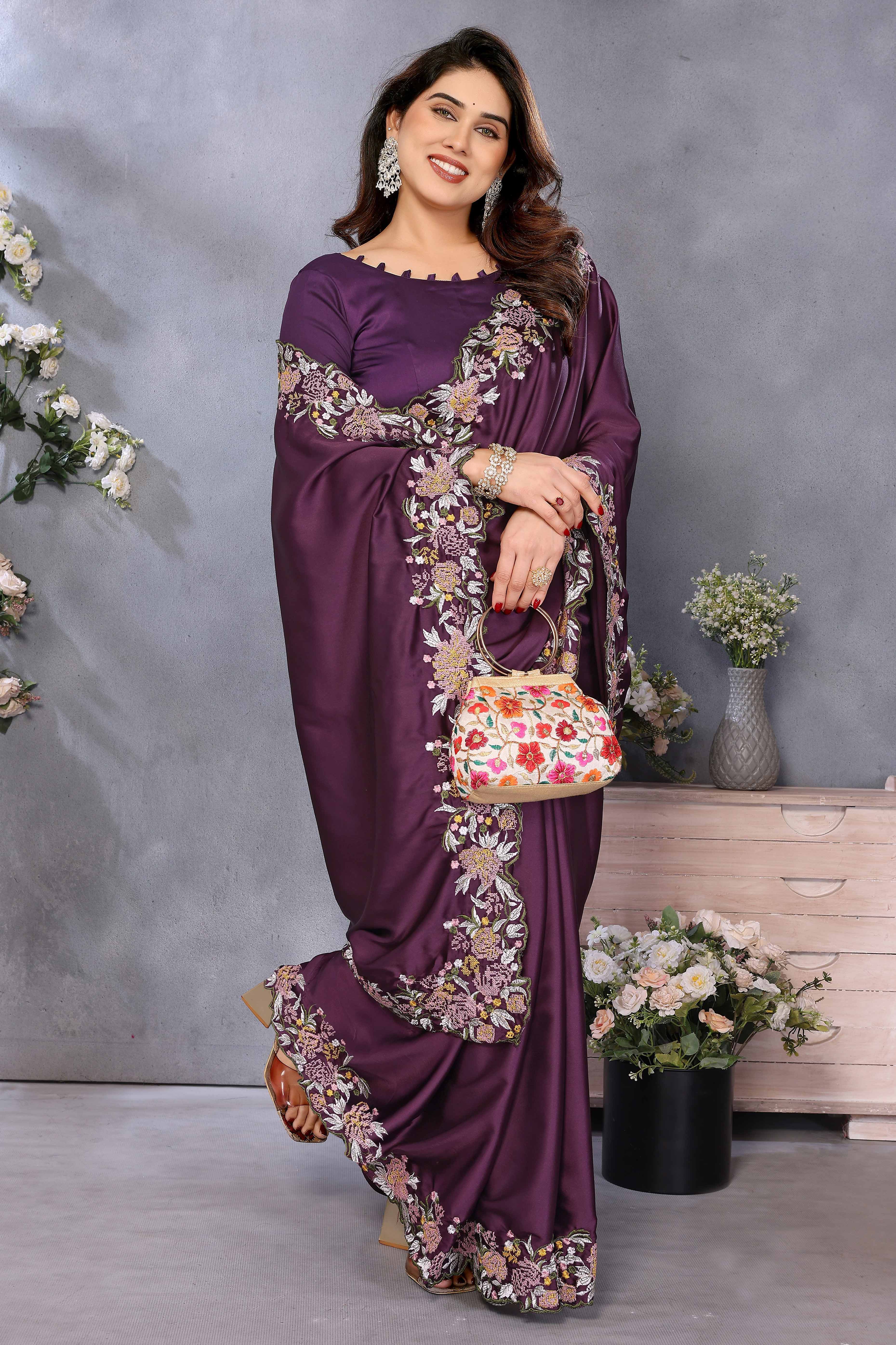 Deep Wine Satin Saree Featuring Floral Embroidery and Elegant Resham Thread Work