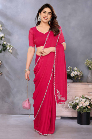 Dark Pink Partywear Chiffon Saree Featuring Intricate Swarovski Stone Embellishment
