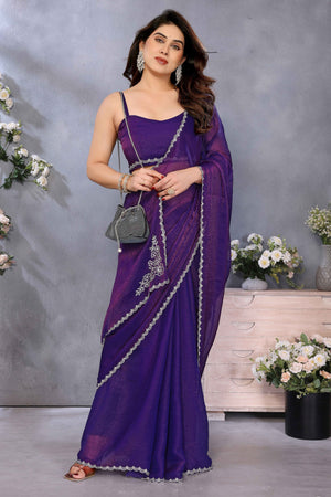 Violet Partywear Chiffon Saree Featuring Intricate Swarovski Stone Embellishment