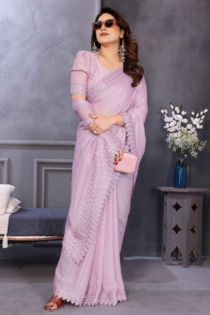 Lilac Purple Silk Blend Saree Adorned with Chemical Lace Edging and Dazzling Stone Accents