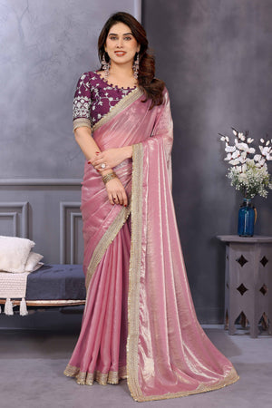 Pink Satin Saree with Solid Finish and Stylish Lace Embellished Border – Feminine and Festive