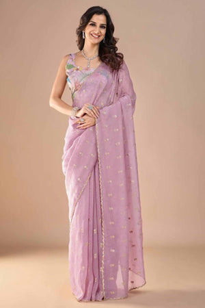 Pink Crunchy Saree Adorned With Floral Sequins Embroidery & Graceful Border Finish