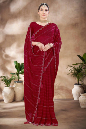 Maroon Chiffon Party Saree Featuring Delicate Stone Embellishments