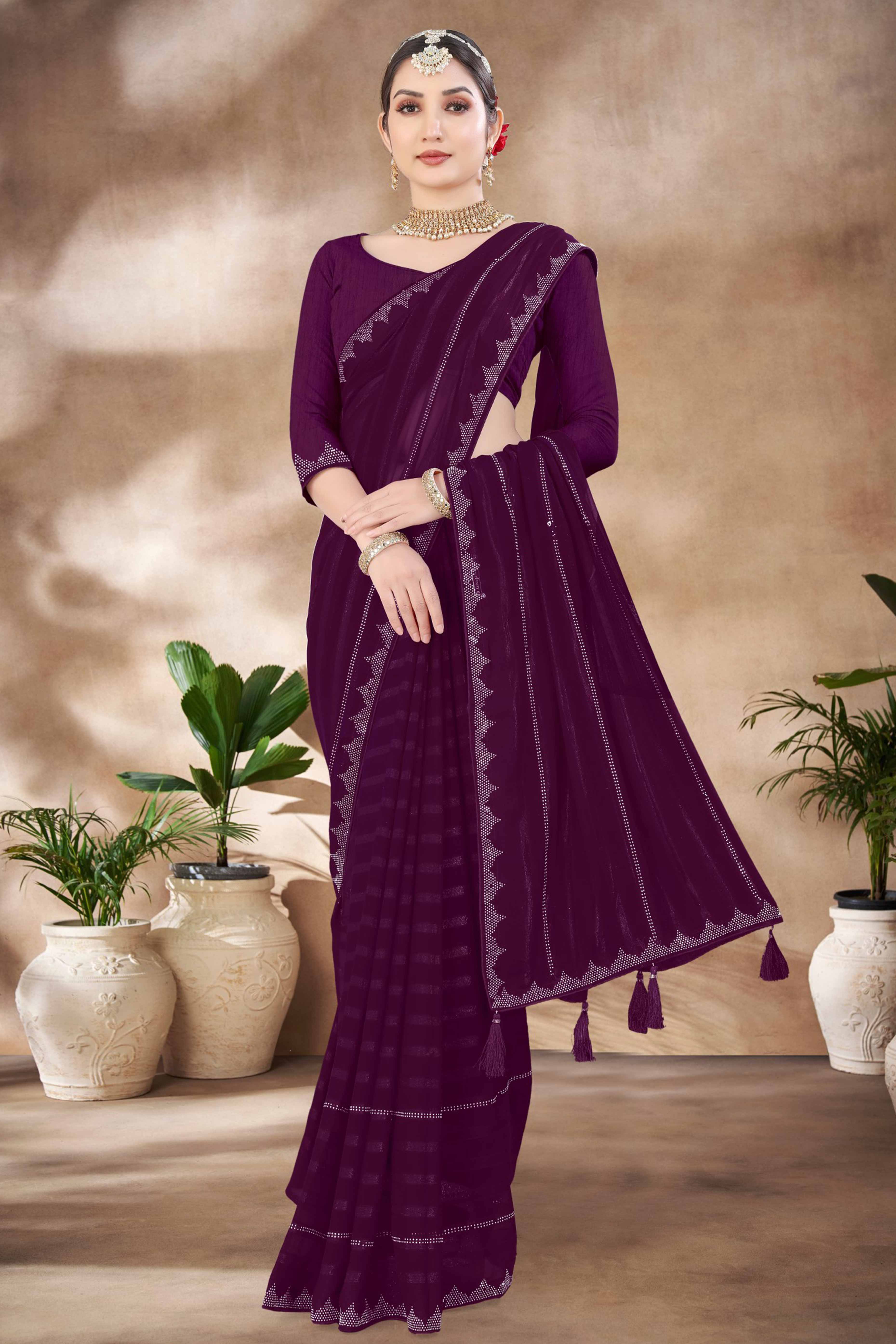 Purple Chiffon Party Saree Featuring Delicate Stone Embellishments