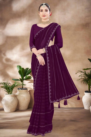 Purple Chiffon Party Saree Featuring Delicate Stone Embellishments