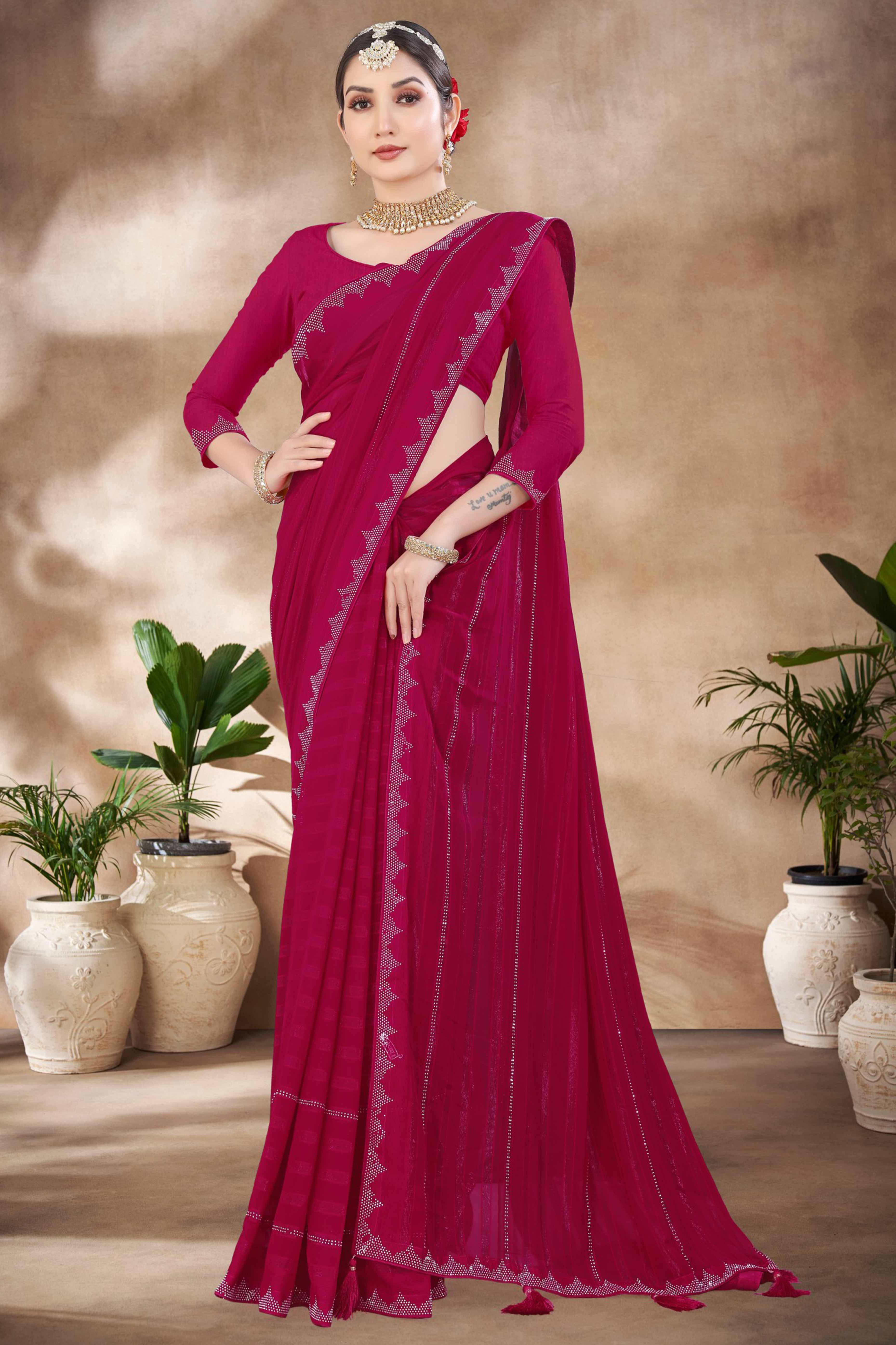Pink Chiffon Party Saree Featuring Delicate Stone Embellishments