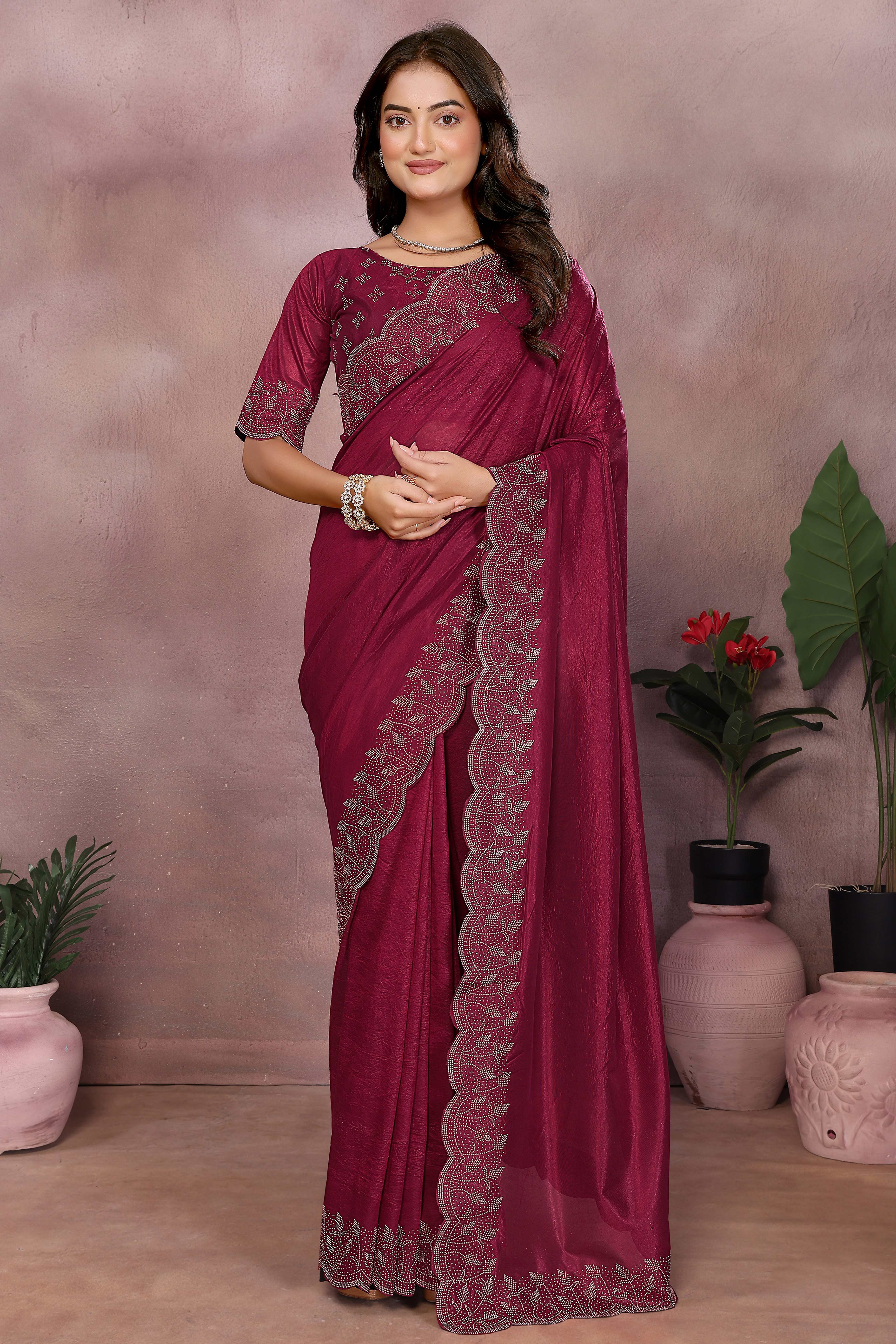 Party Ready Wine Imported Lycra Saree with Glittering Stone Embroidery