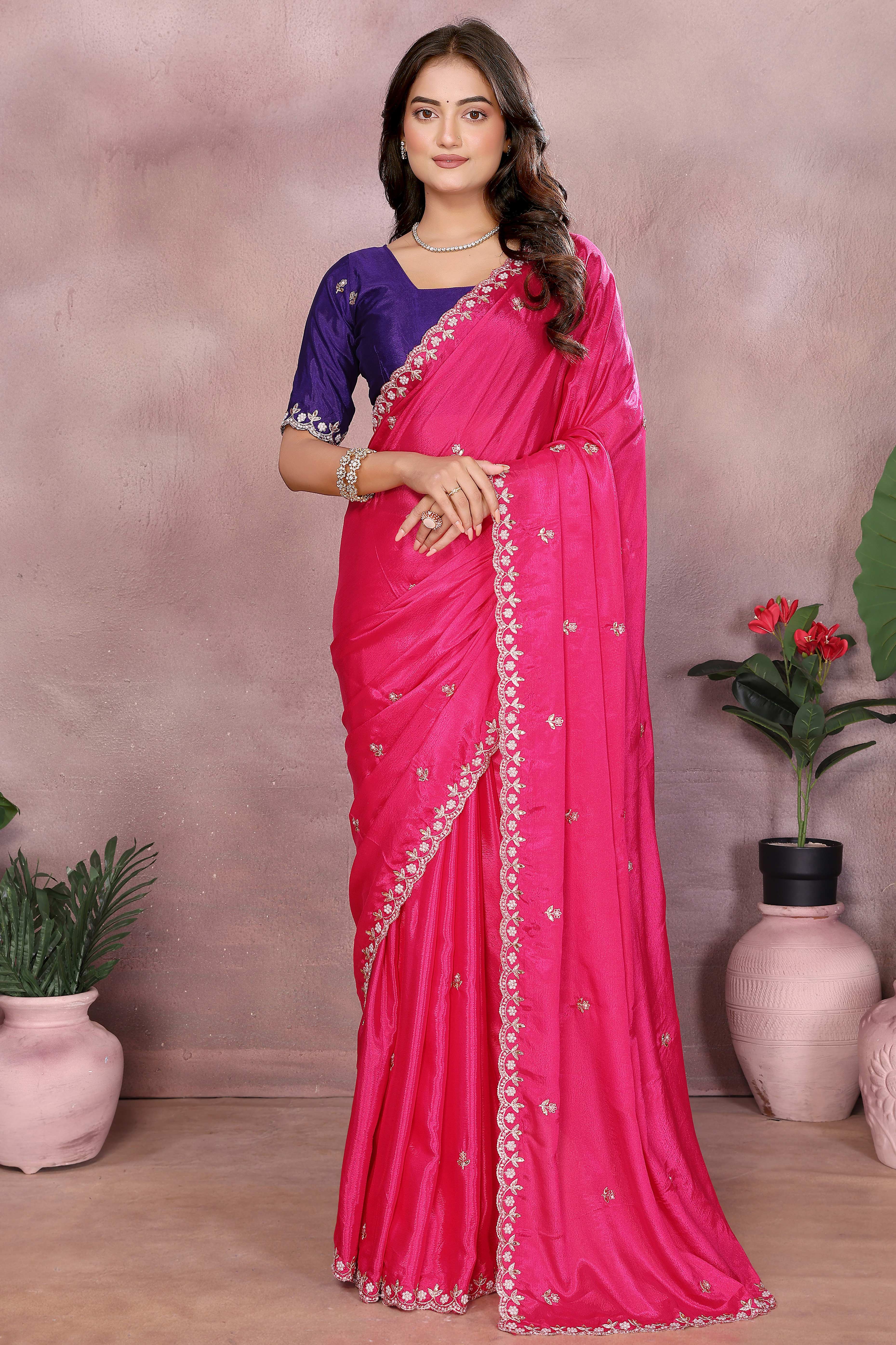 Pink Embroidered Vichitra Silk Saree with Exquisite Beads Detailing