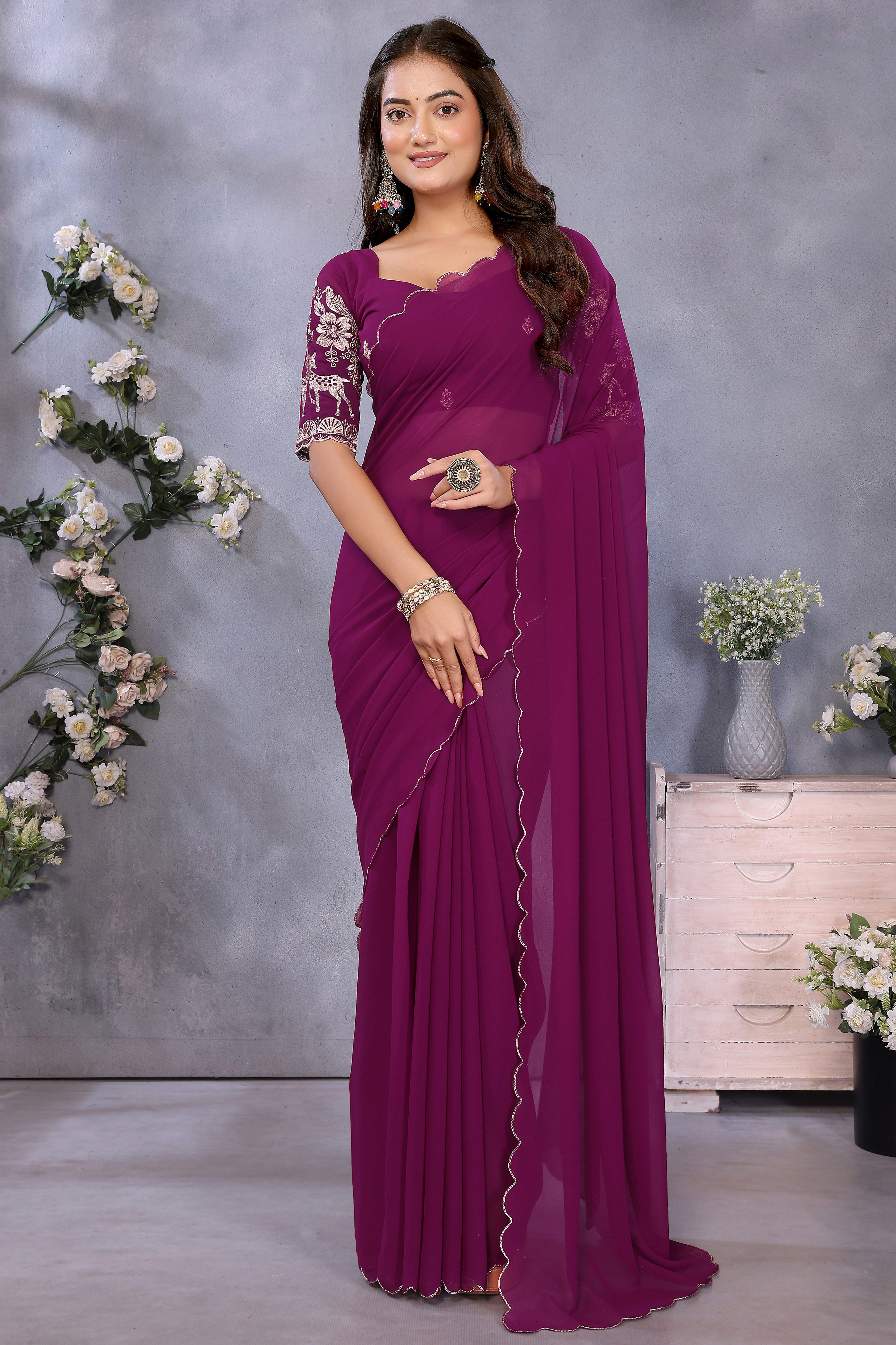 Sophisticated Purple Party Wear Saree in Flowing Georgette Fabric With Embellished Blouse