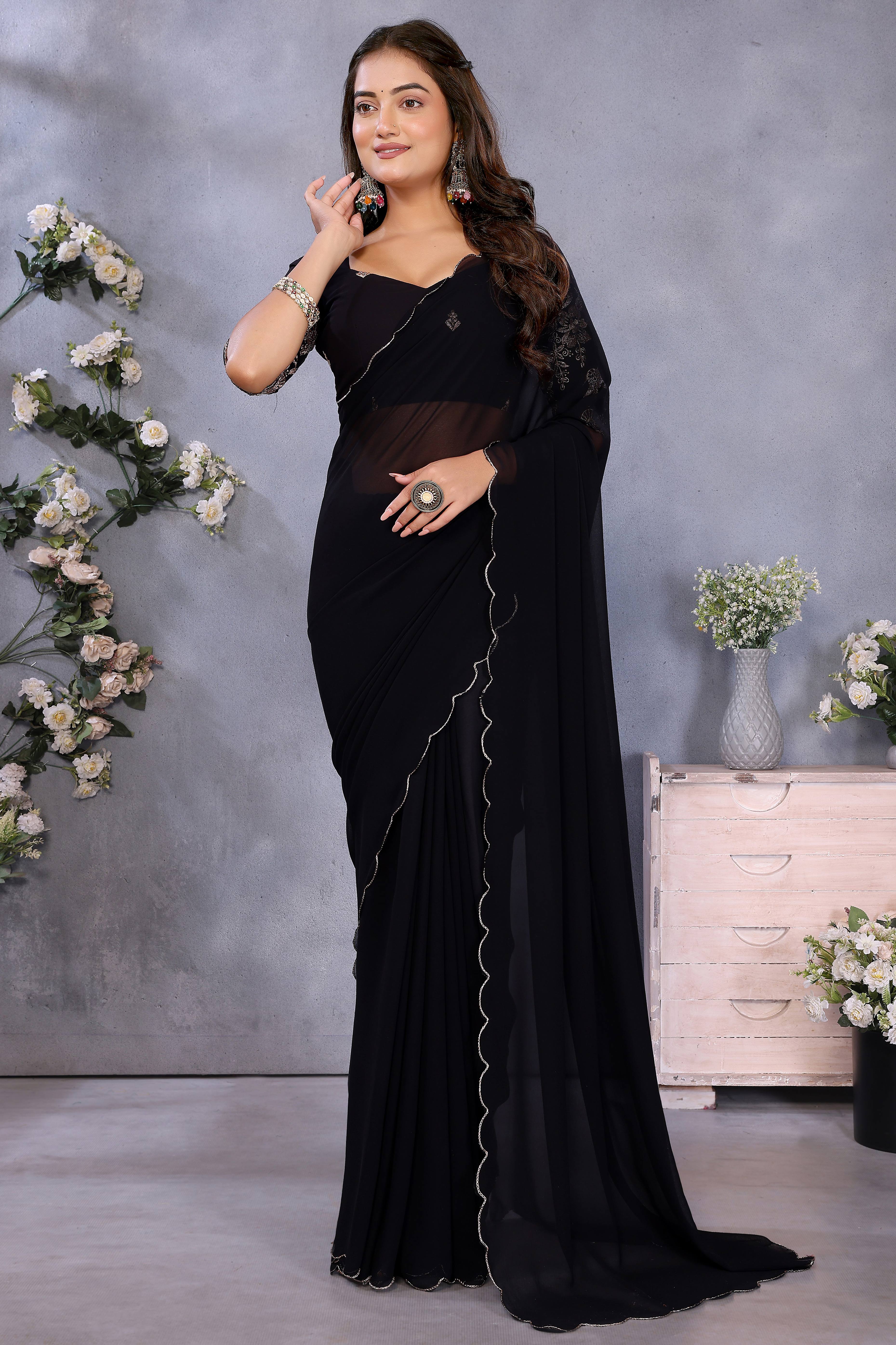Sophisticated Black Party Wear Saree in Flowing Georgette Fabric With Embellished Blouse