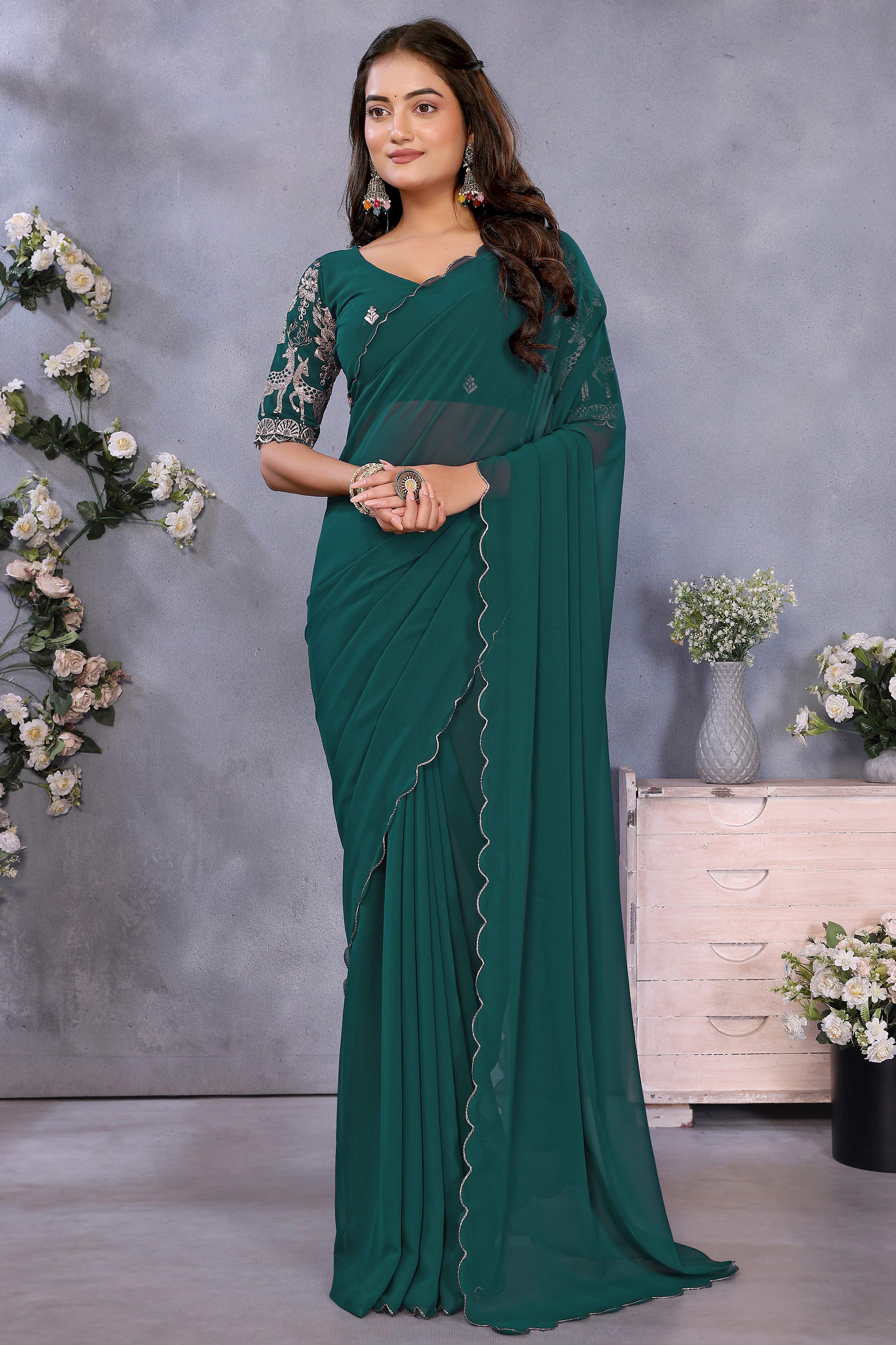 Sophisticated Morpich Green Party Wear Saree in Flowing Georgette Fabric With Embellished Blouse