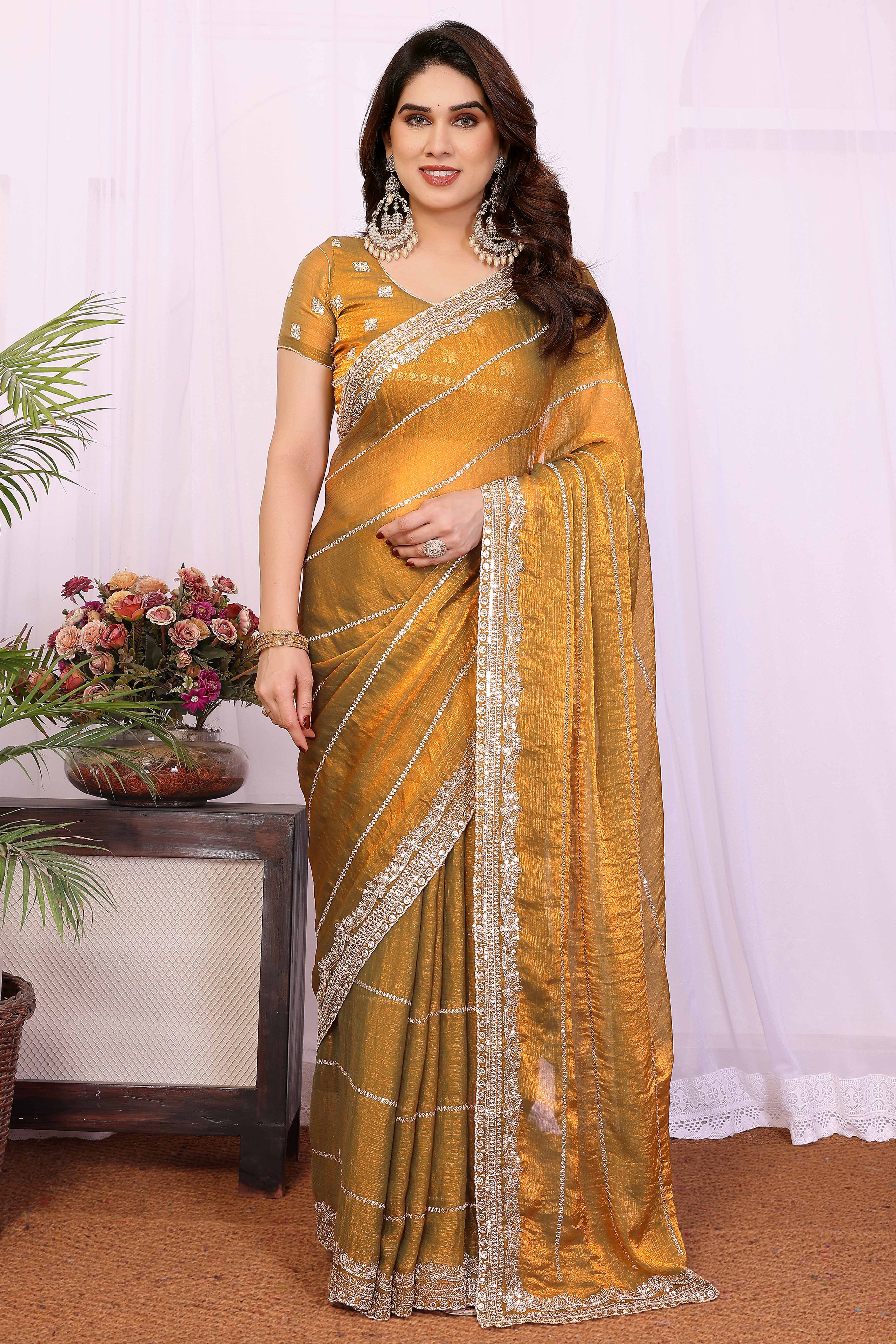 Mustard Sequins Work Embroidered Chiffon Saree Glamorous Partywear with Sparkling Detailing