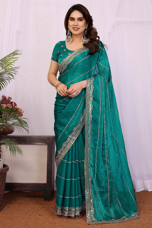 Rama Green Sequins Work Embroidered Chiffon Partywear Saree with Stylish Shimmer Finish