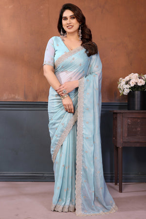 Sky Blue Thread Work Embroidered Georgette Saree Elegant Lightweight Partywear Drape