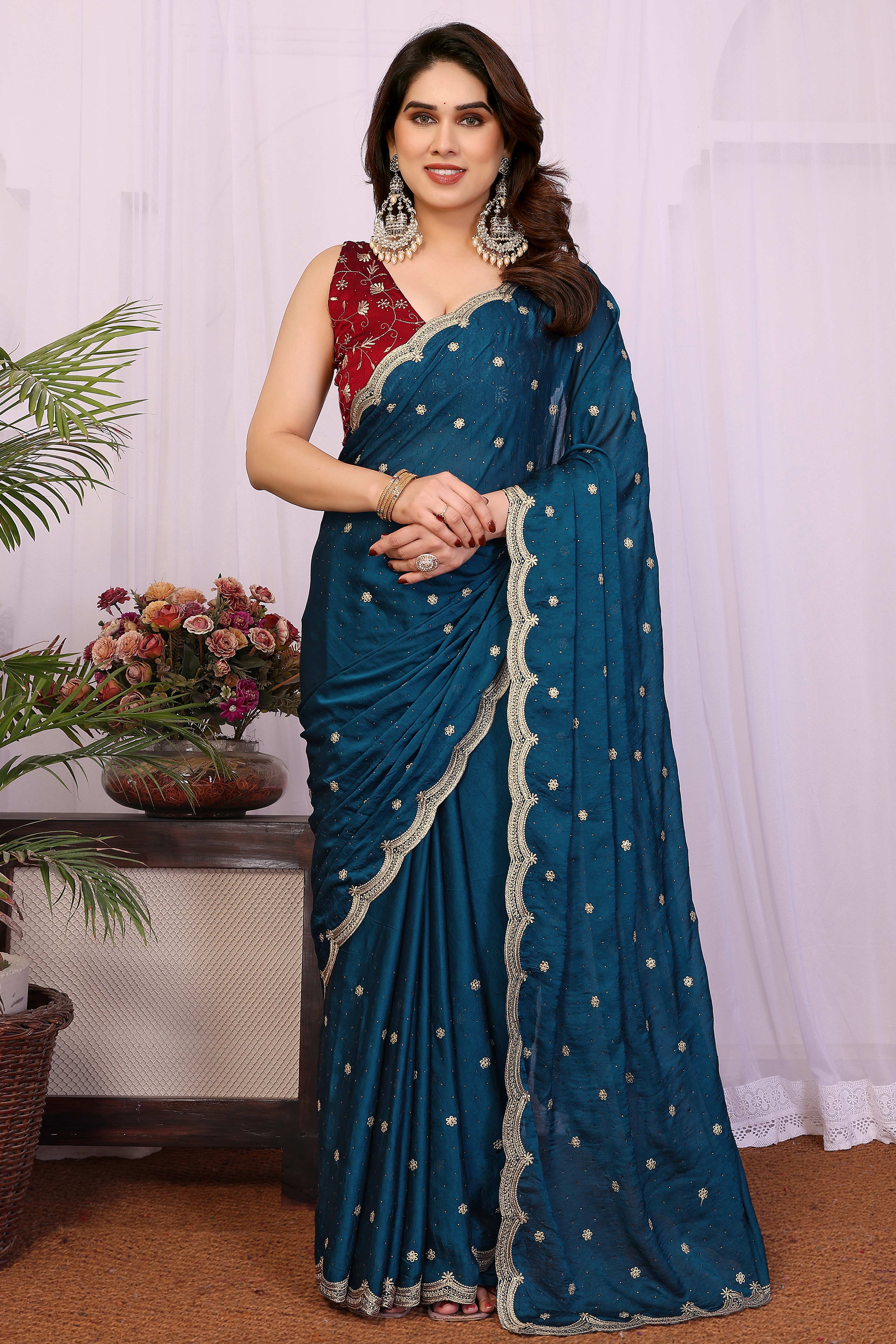 Teal Thread Work Embroidered Vichitra Silk Saree Stunning Partywear with Luxurious Finish