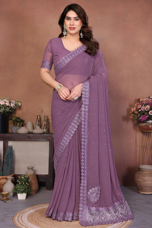 Mauve Designer Georgette Saree Enhanced with Delicate Thread Work Embroidery
