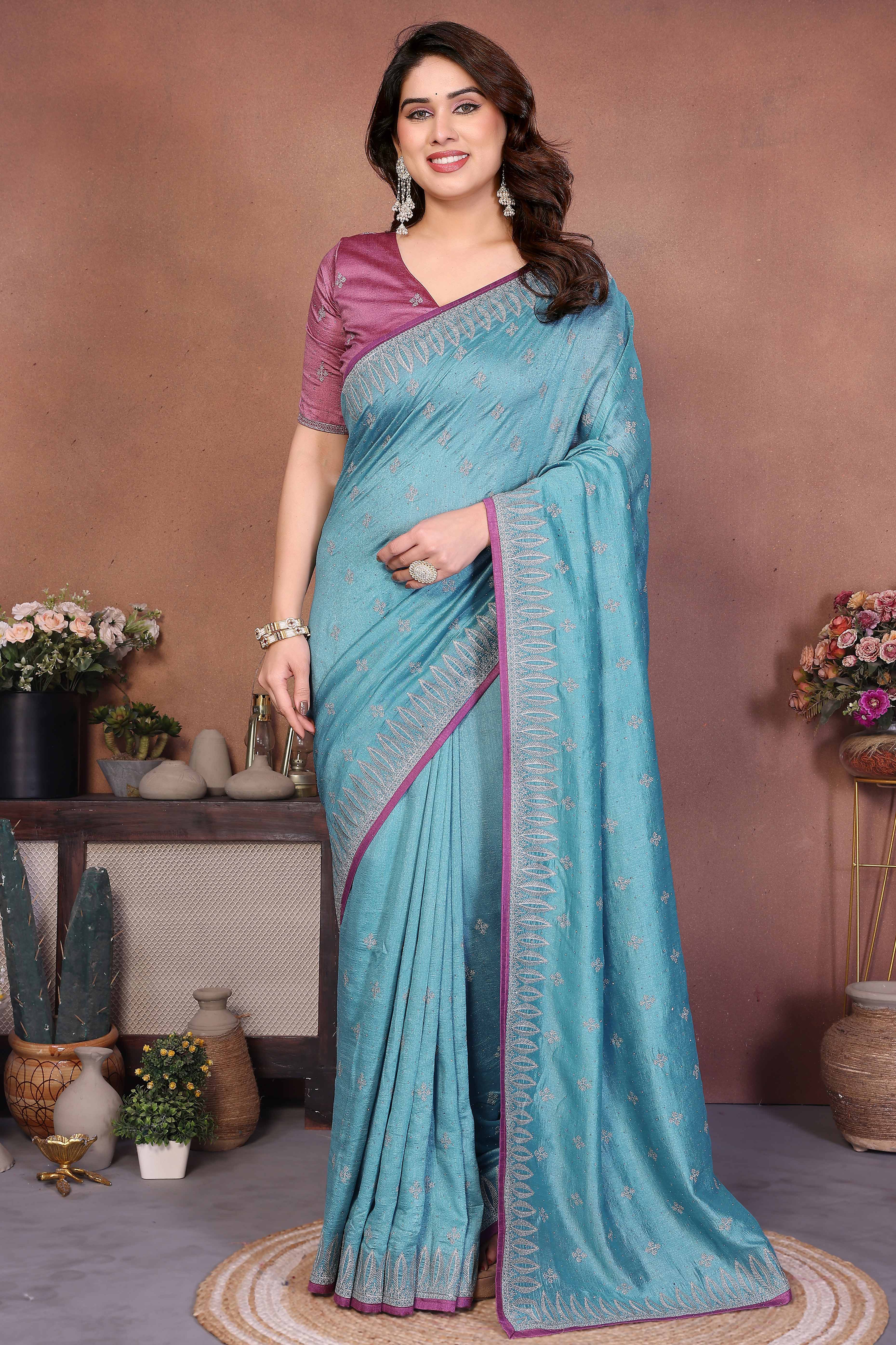 Teal Designer Vichitra Silk Saree Enhanced with Delicate Thread Work Embroidery
