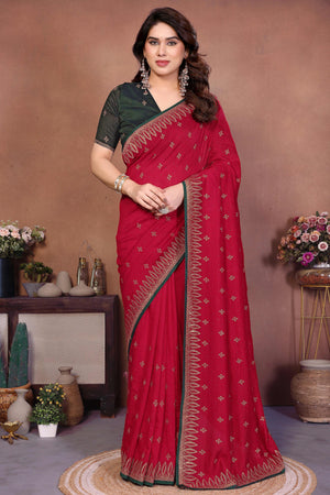 Crimson Red Designer Vichitra Silk Saree Enhanced with Delicate Thread Work Embroidery