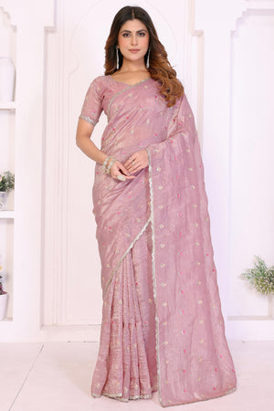 Pink Designer Crepe Saree Enhanced with Delicate Thread Work Embroidery