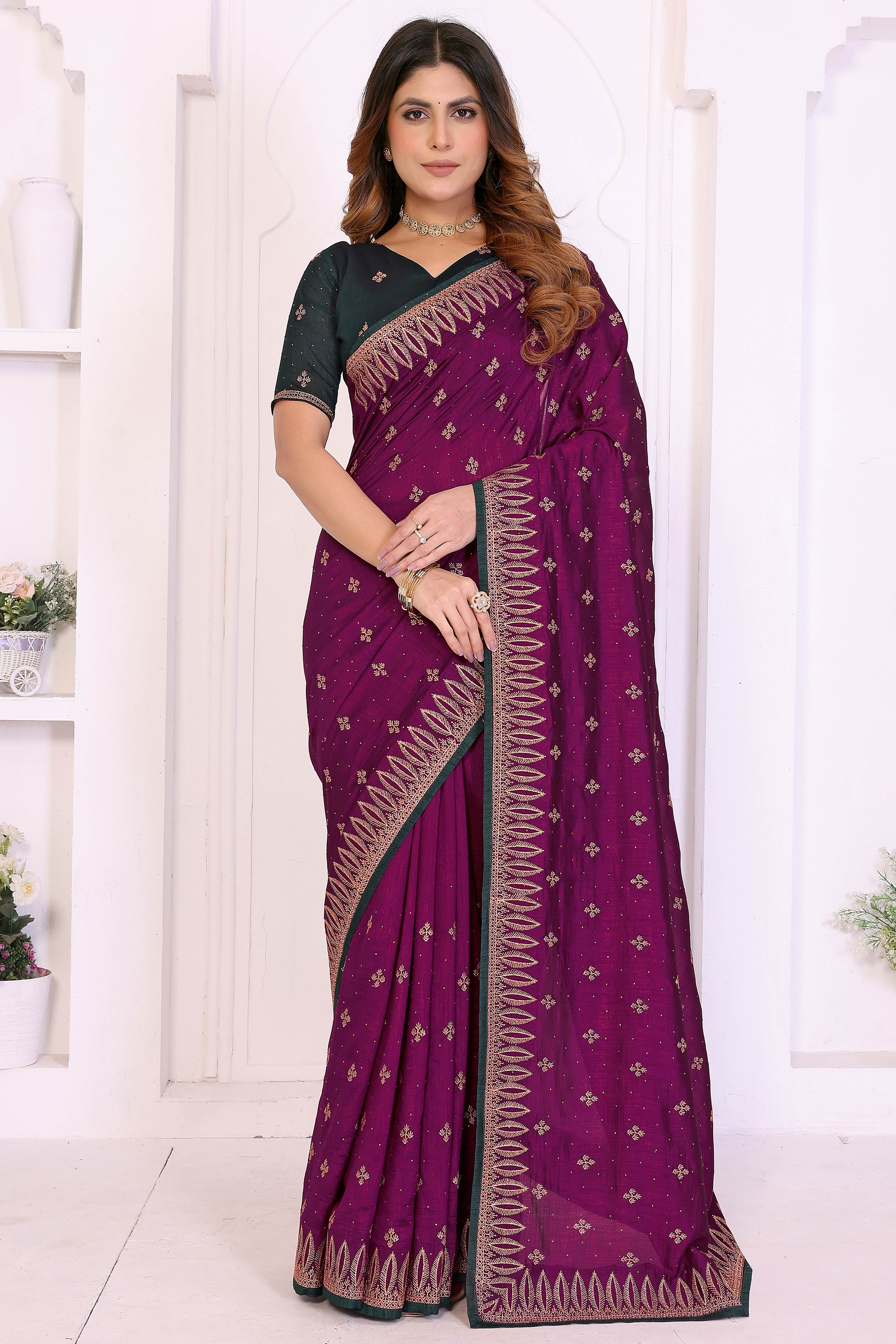 Purple Designer Vichitra Silk Saree Enhanced with Delicate Thread Work Embroidery