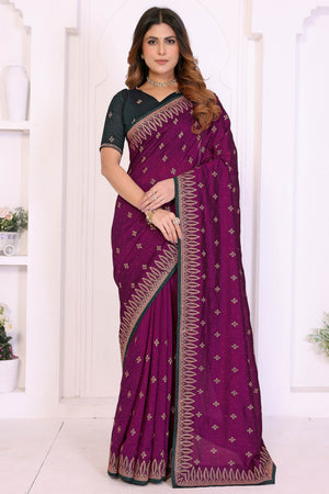 Purple Designer Vichitra Silk Saree Enhanced with Delicate Thread Work Embroidery