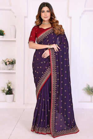Violet Designer Vichitra Silk Saree Enhanced with Delicate Thread Work Embroidery