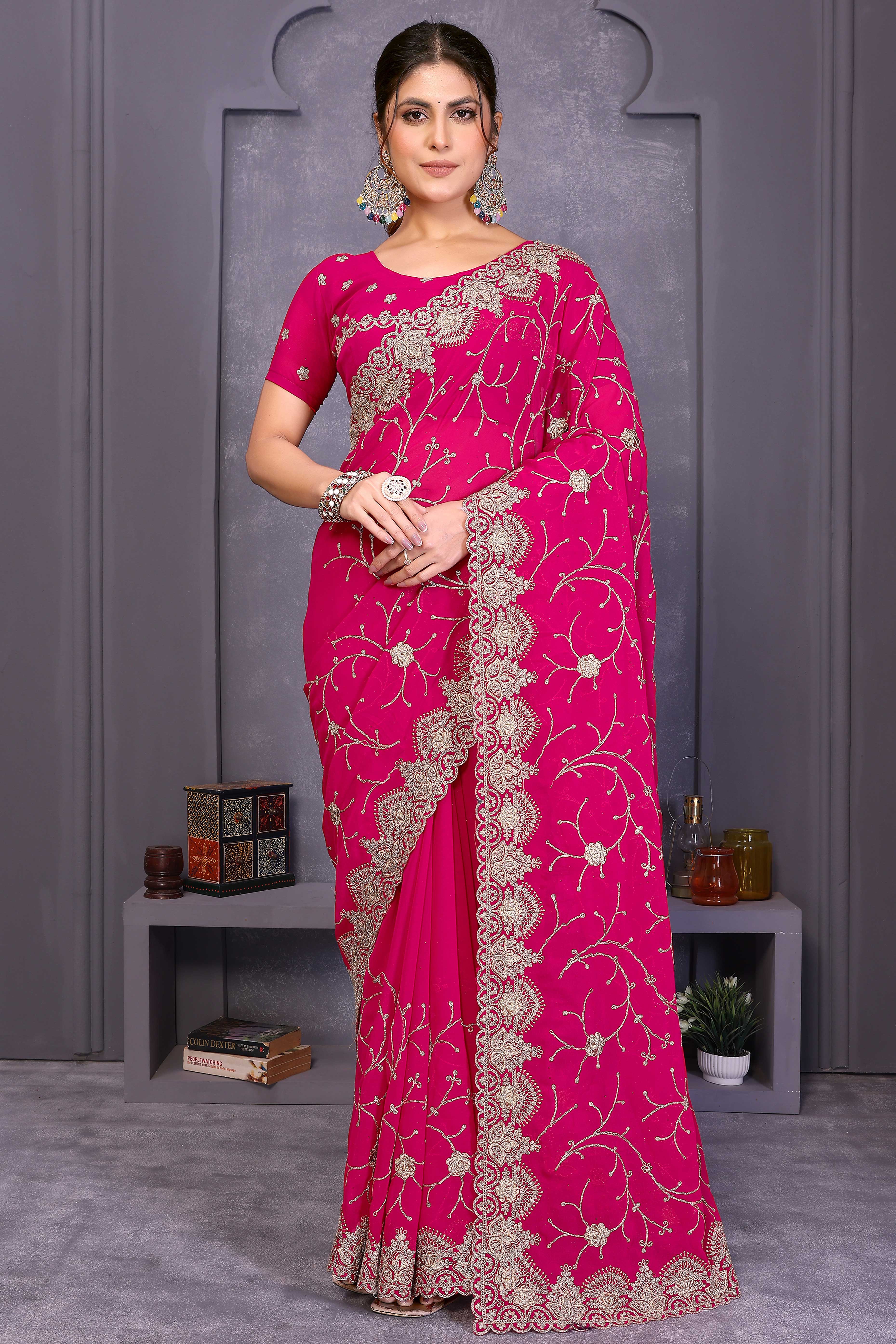 Pink Designer Georgette Saree Enhanced with Delicate Thread Work Embroidery