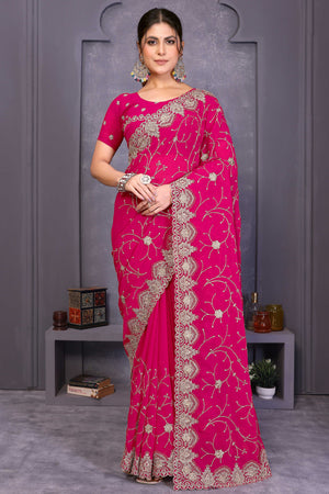 Pink Designer Georgette Saree Enhanced with Delicate Thread Work Embroidery