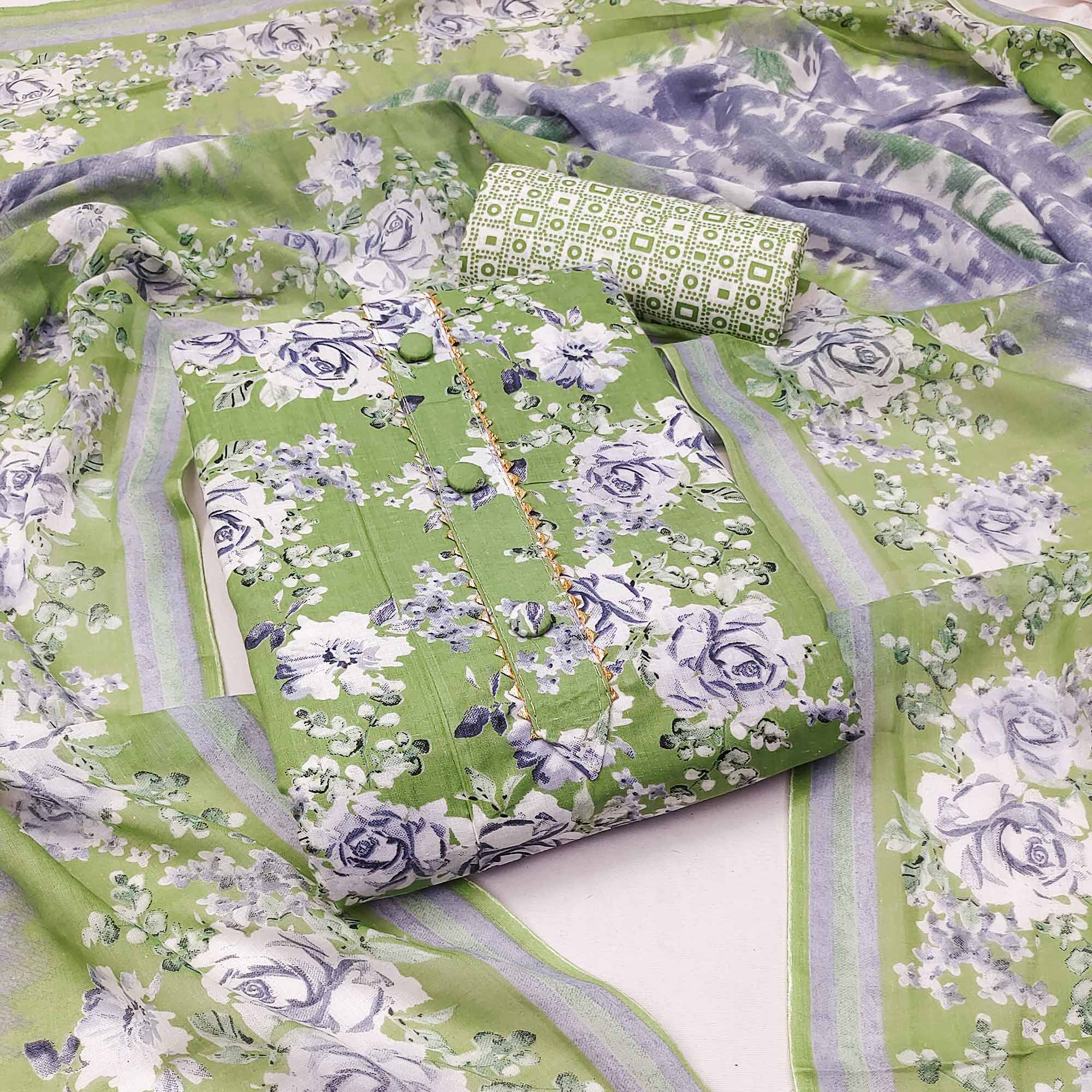 Pista Green Floral Printed Pure Cotton Dress Material