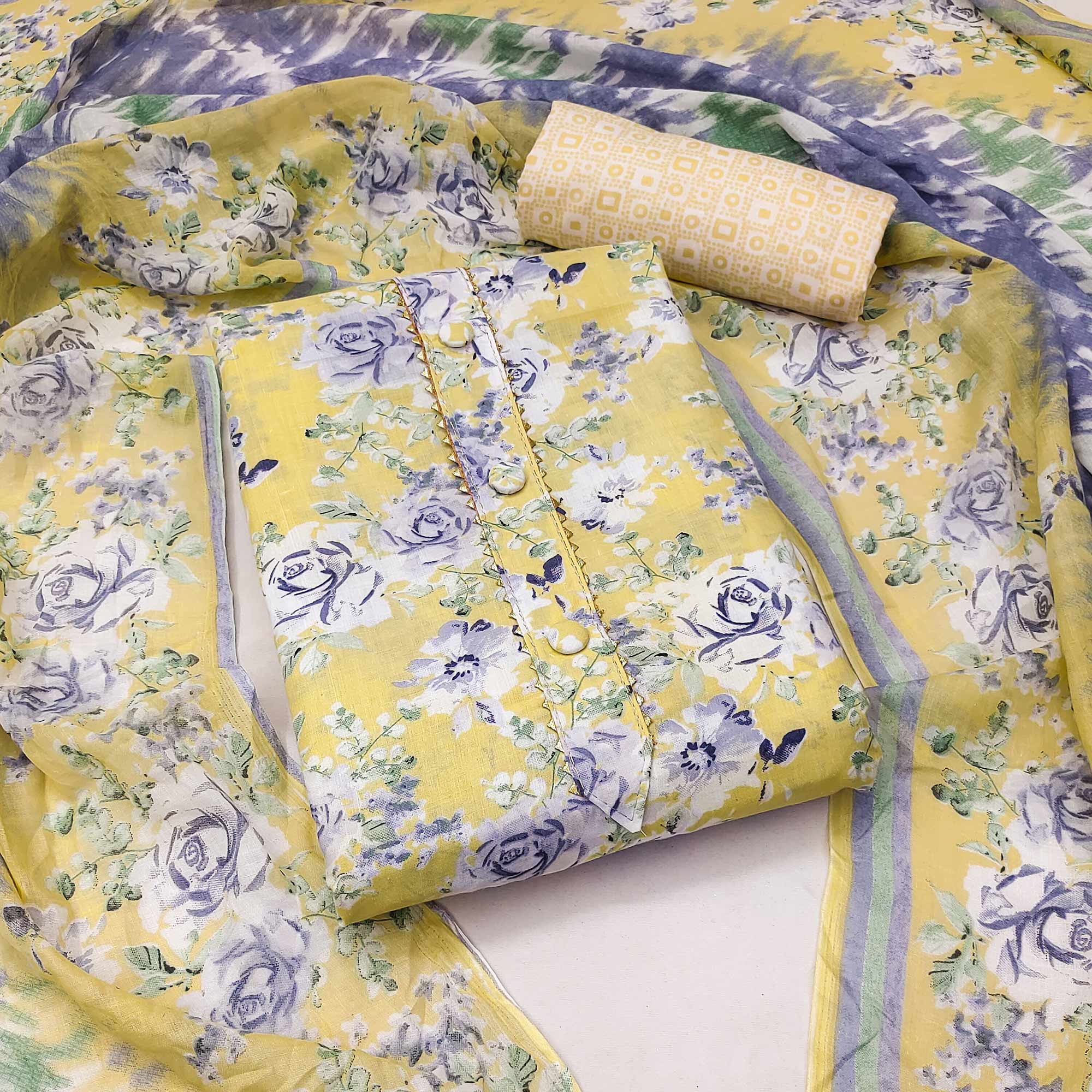Yellow Floral Printed Pure Cotton Dress Material
